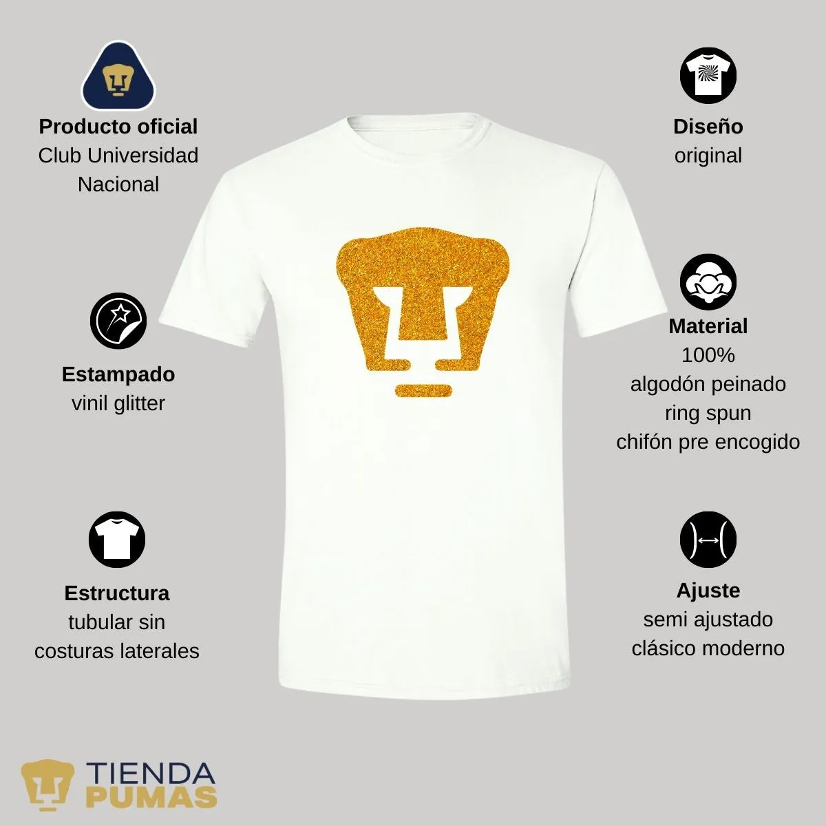 Playera Hombre Pumas UNAM Logo Dorado Glitter