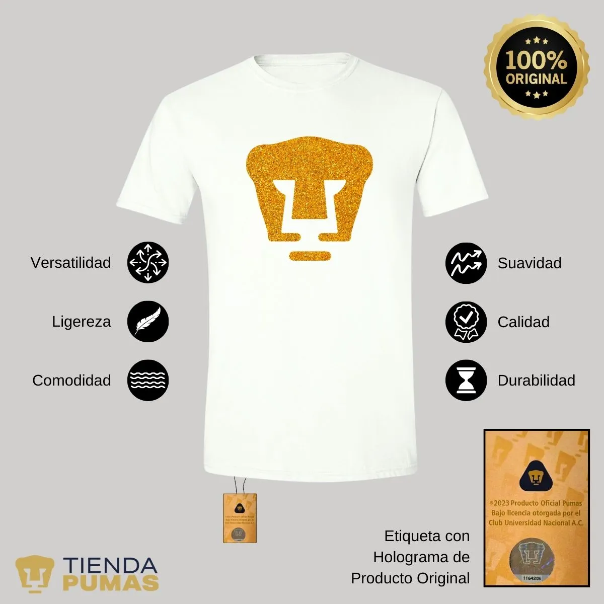 Playera Hombre Pumas UNAM Logo Dorado Glitter