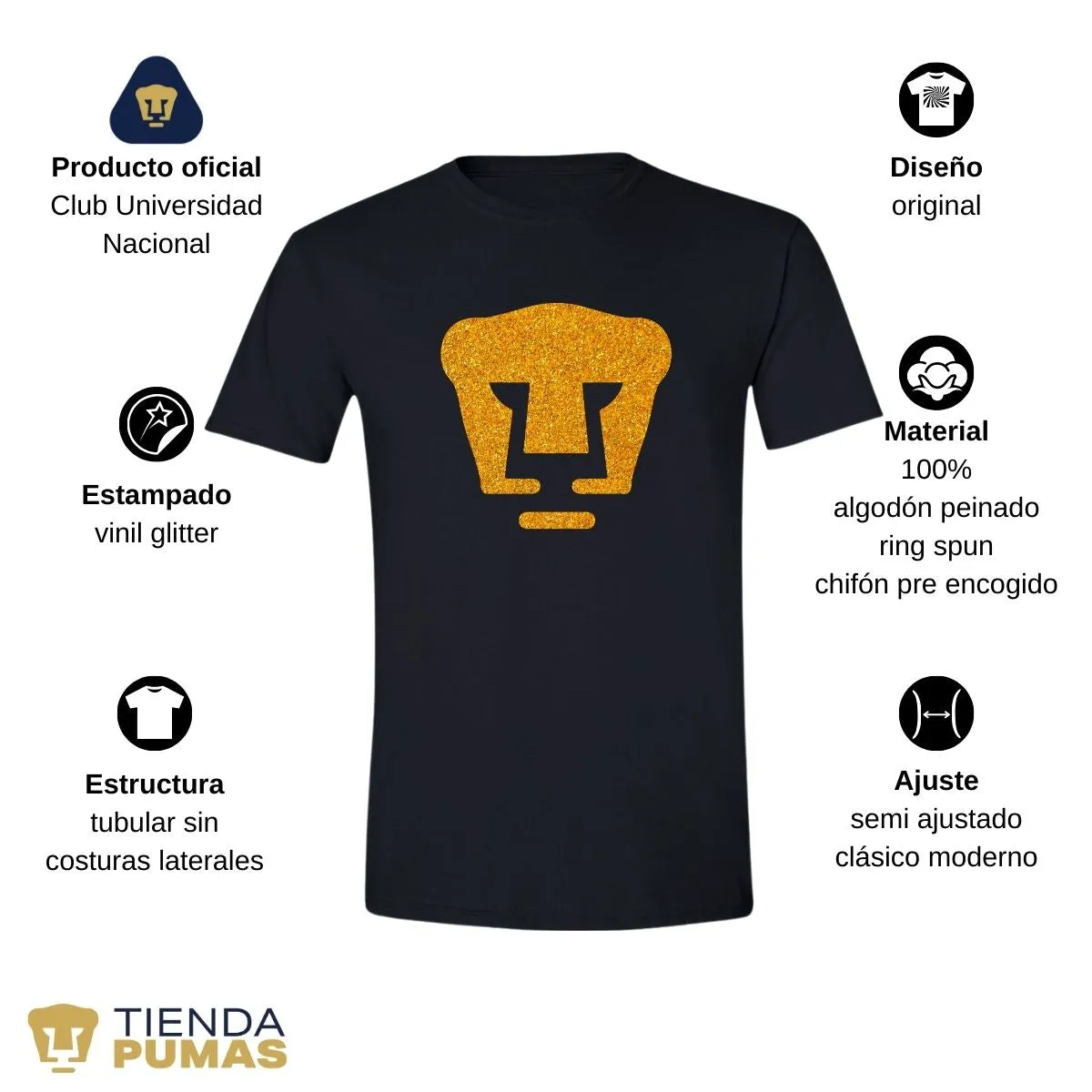 Playera Hombre Pumas UNAM Logo Dorado Glitter