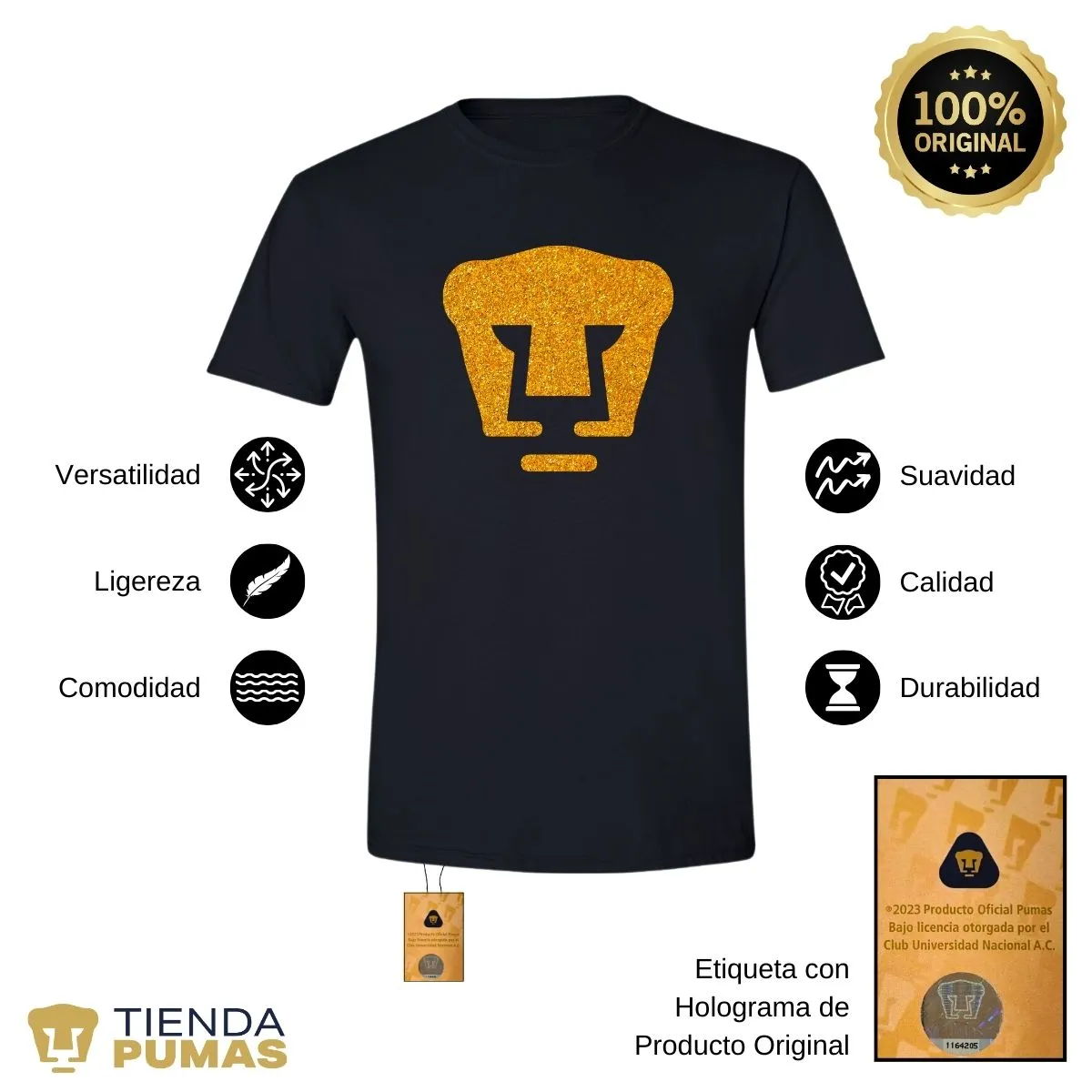 Playera Hombre Pumas UNAM Logo Dorado Glitter