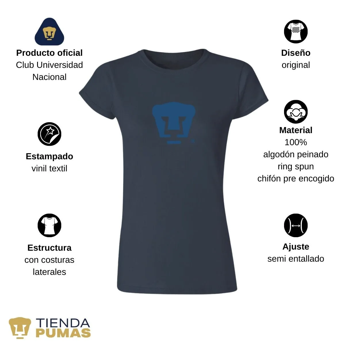 Playera Mujer Pumas UNAM Azul Logo Vinil