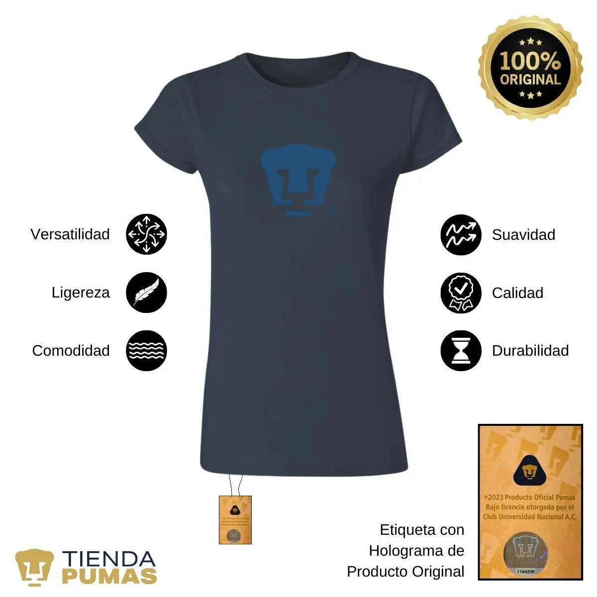 Playera Mujer Pumas UNAM Azul Logo Vinil