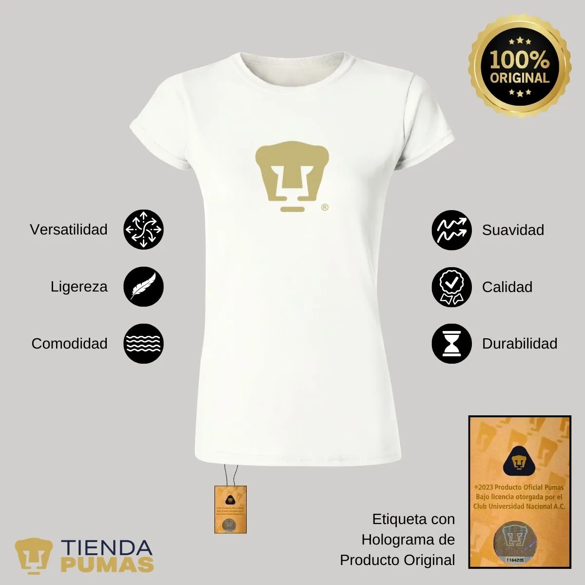 Playera Mujer Pumas UNAM Dorado Logo Vinil