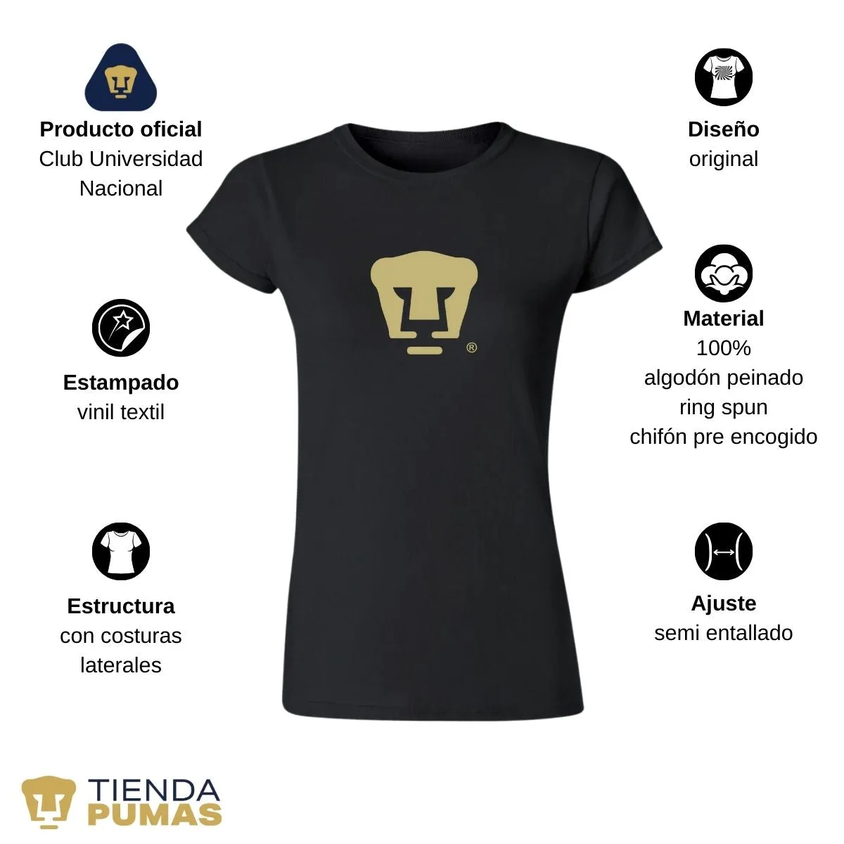 Playera Mujer Pumas UNAM Dorado Logo Vinil