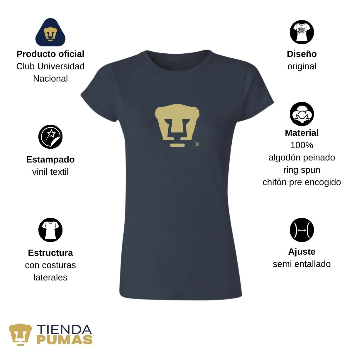 Playera Mujer Pumas UNAM Dorado Logo Vinil