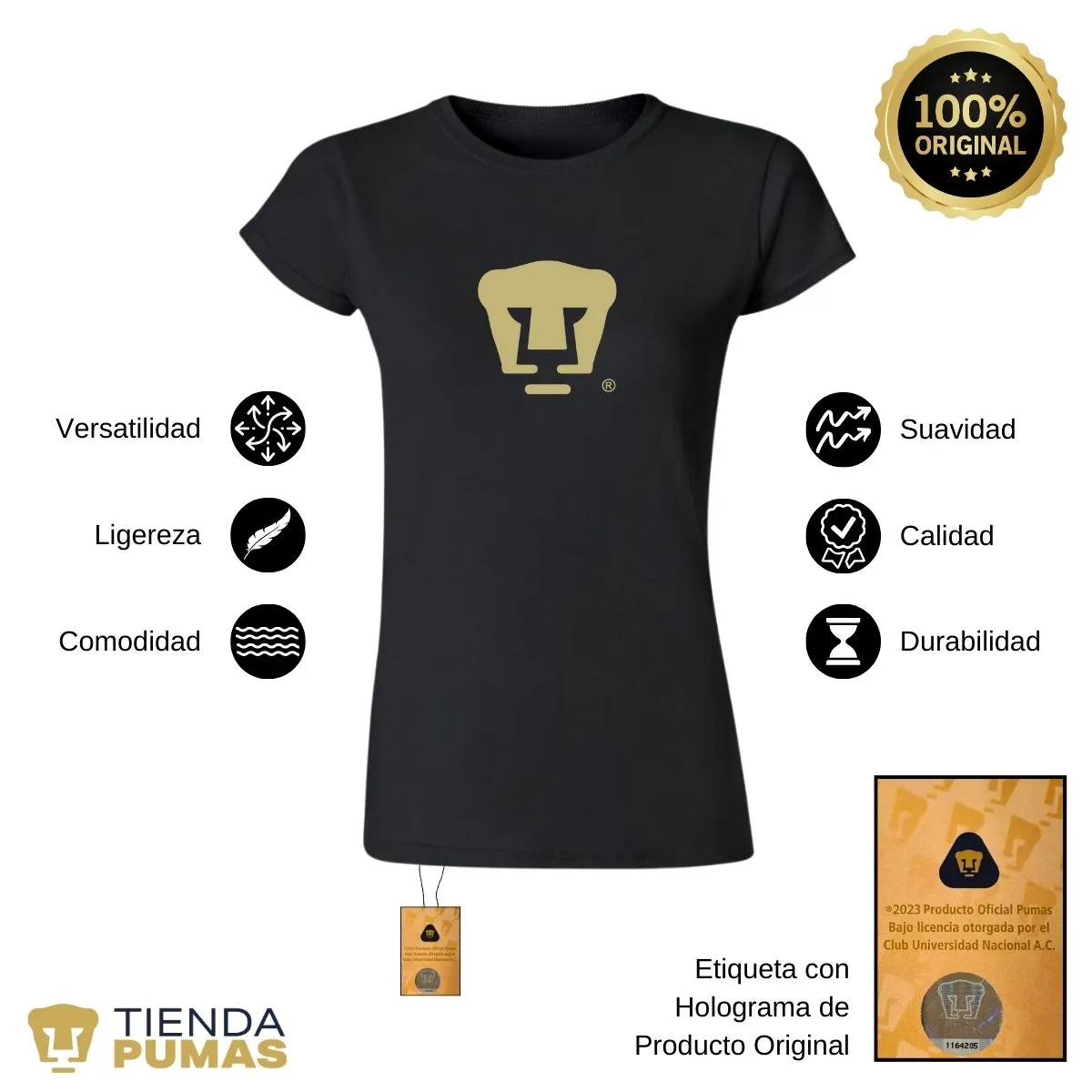 Playera Mujer Pumas UNAM Dorado Logo Vinil