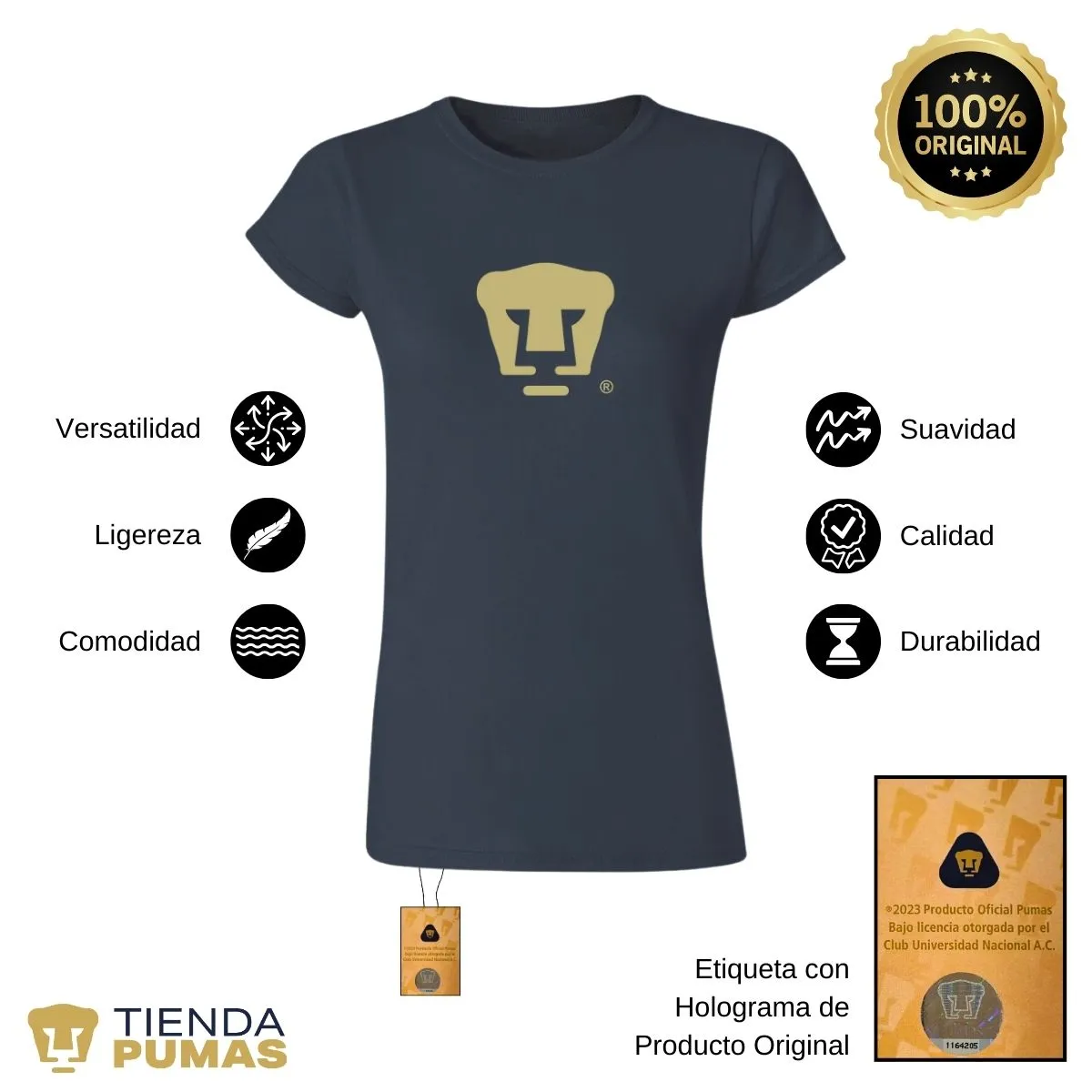 Playera Mujer Pumas UNAM Dorado Logo Vinil