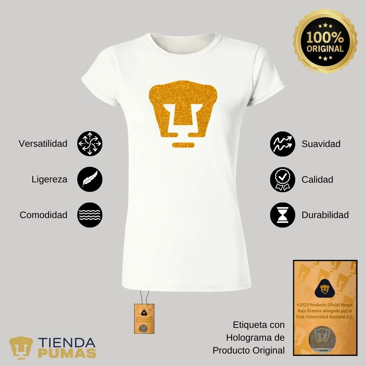 Playera Mujer Pumas UNAM Logo Dorado Glitter