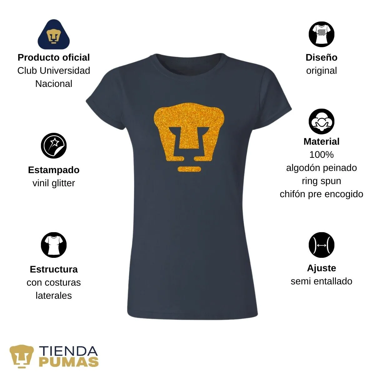 Playera Mujer Pumas UNAM Logo Dorado Glitter