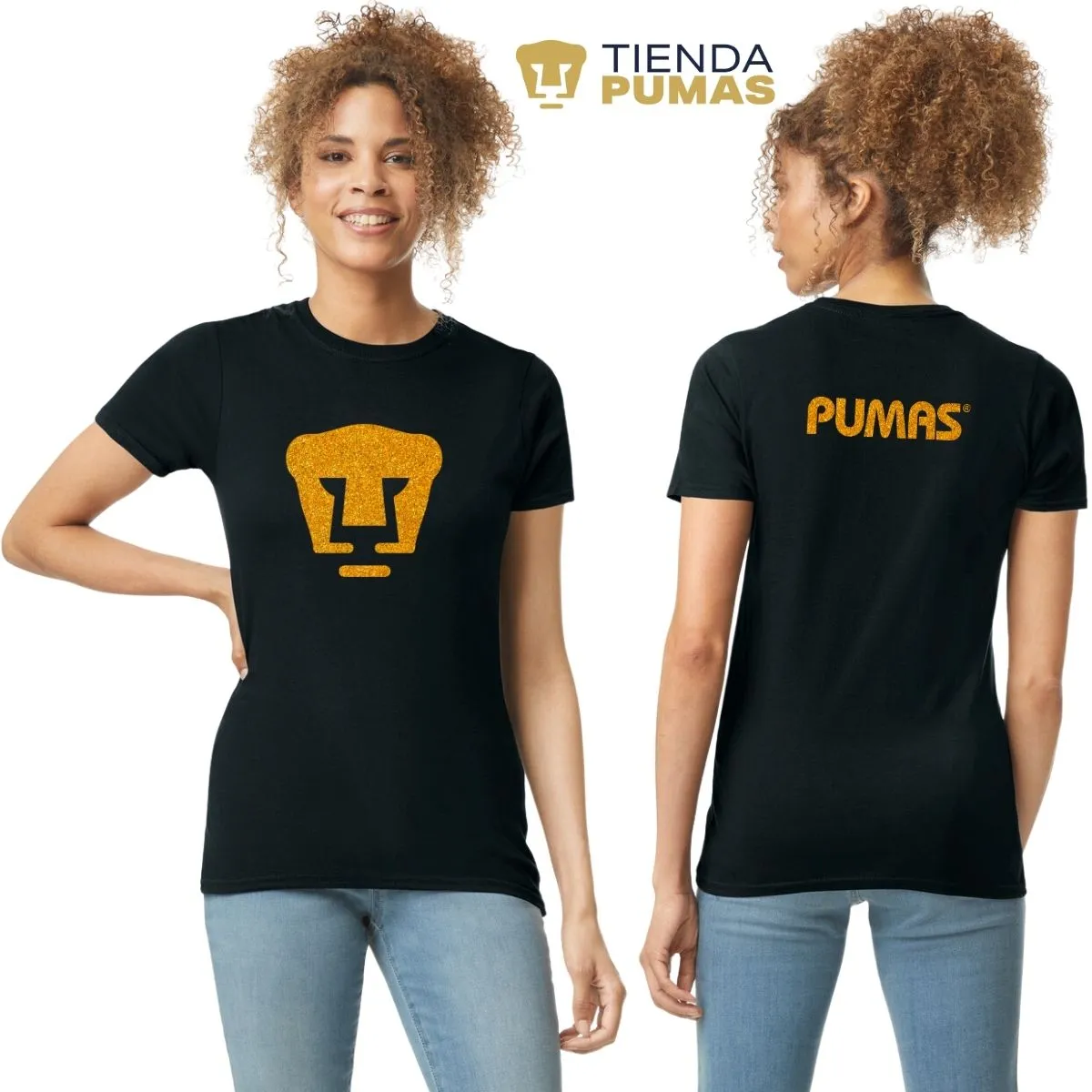 Playera Mujer Pumas UNAM Logo Dorado Glitter