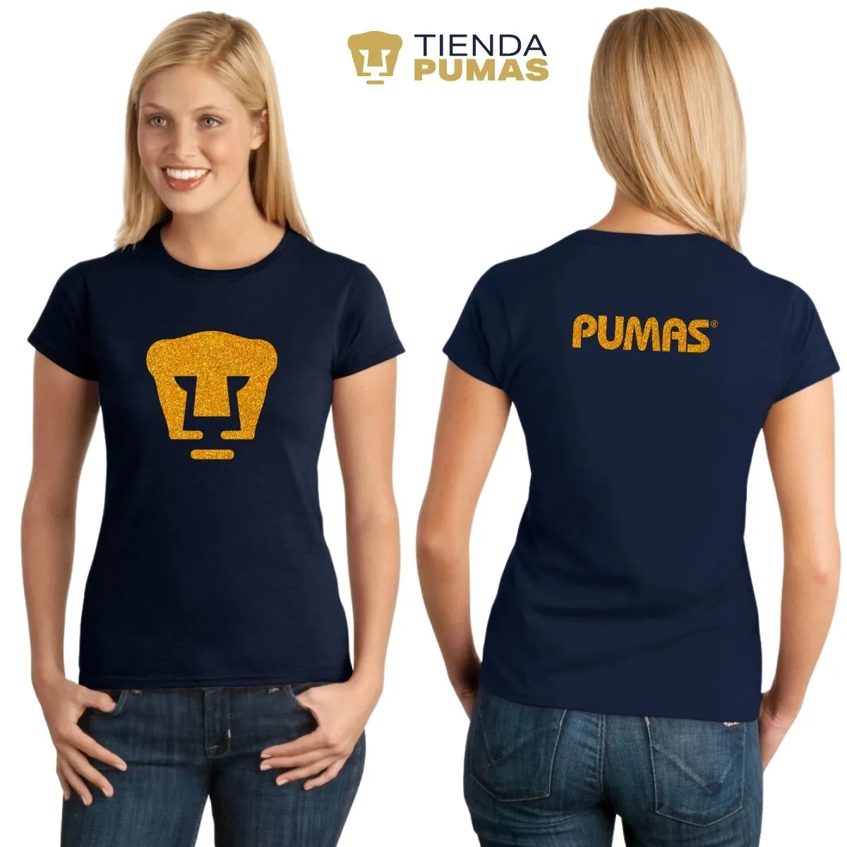 Playera Mujer Pumas UNAM Logo Dorado Glitter