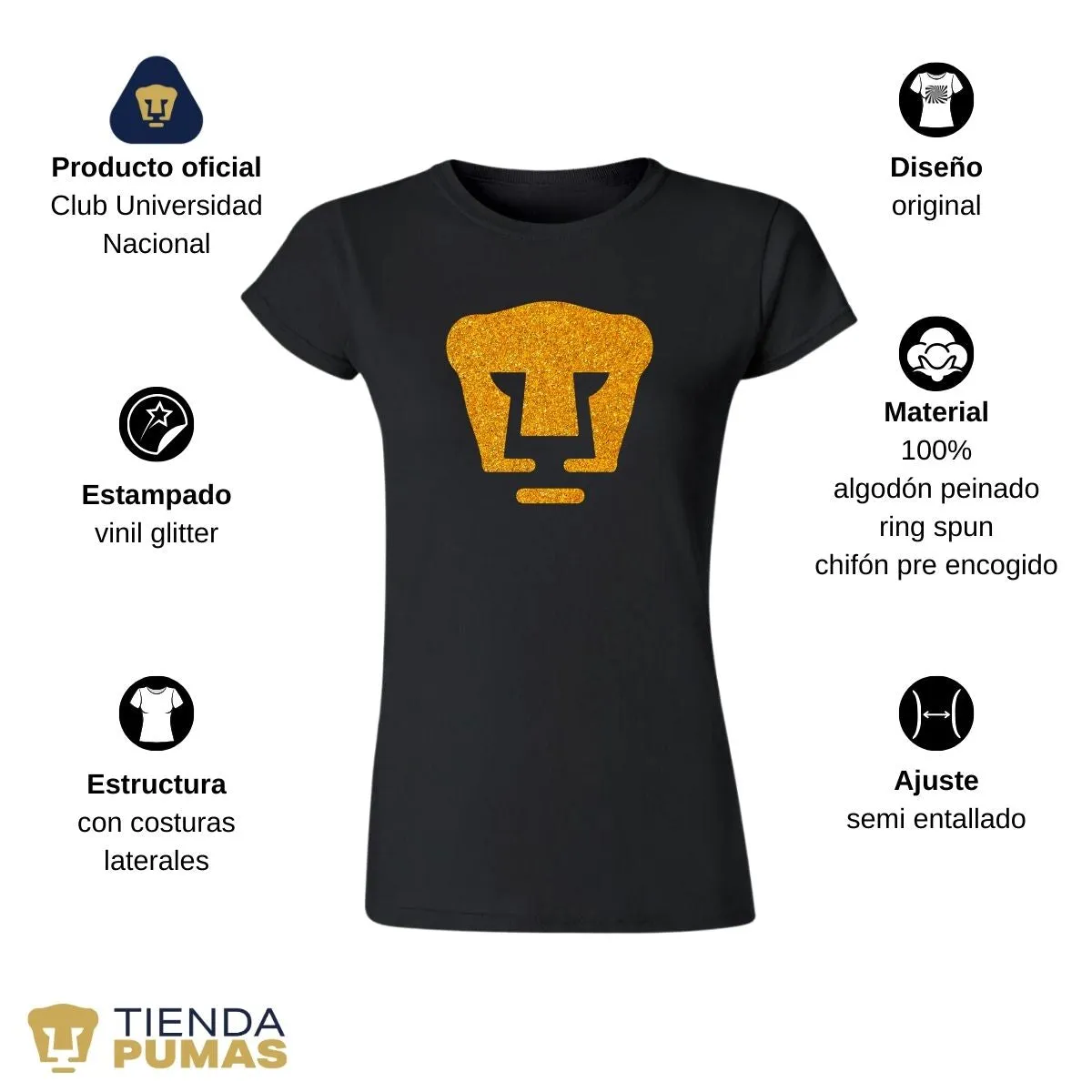 Playera Mujer Pumas UNAM Logo Dorado Glitter