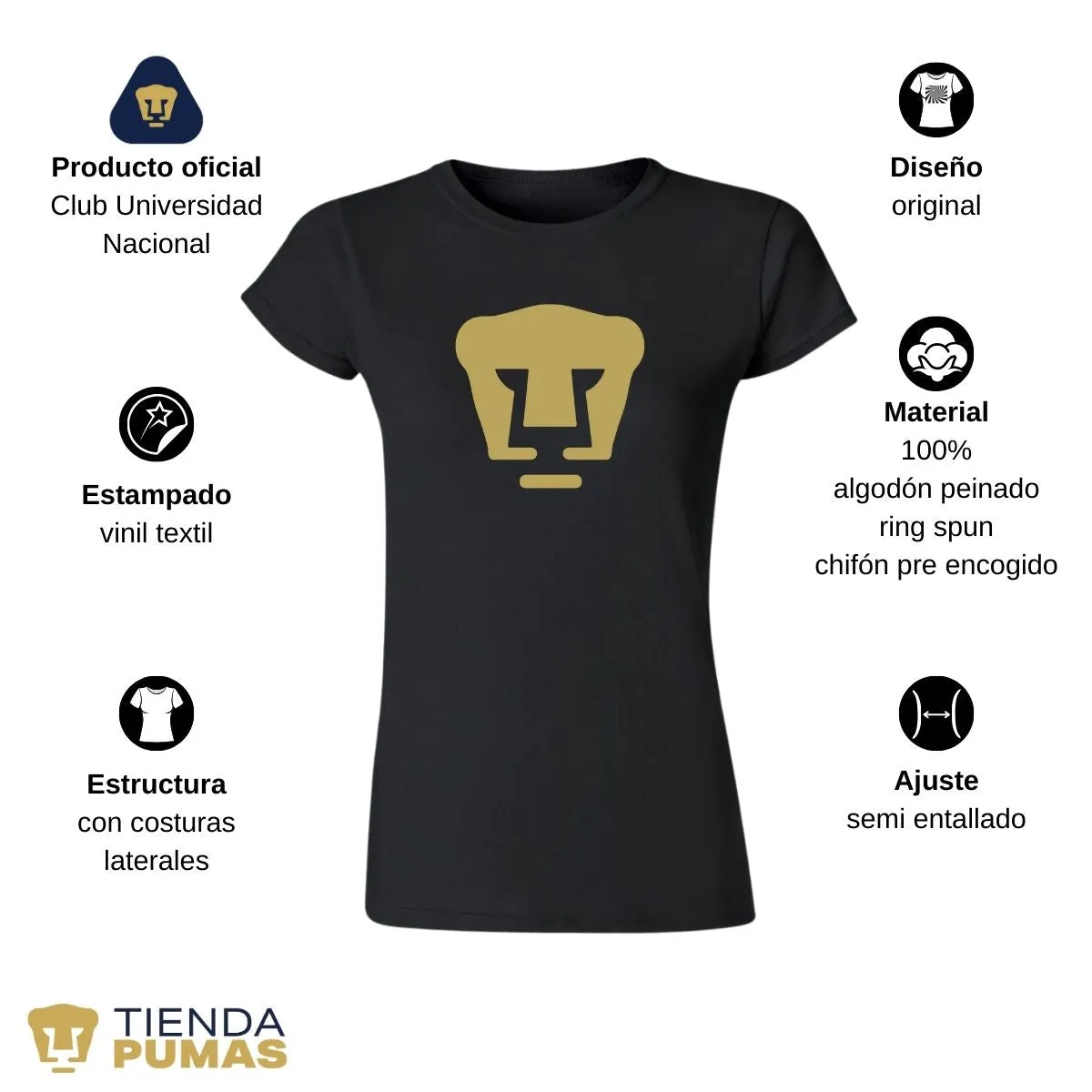 Playera Mujer Pumas UNAM Logo Dorado Vinil