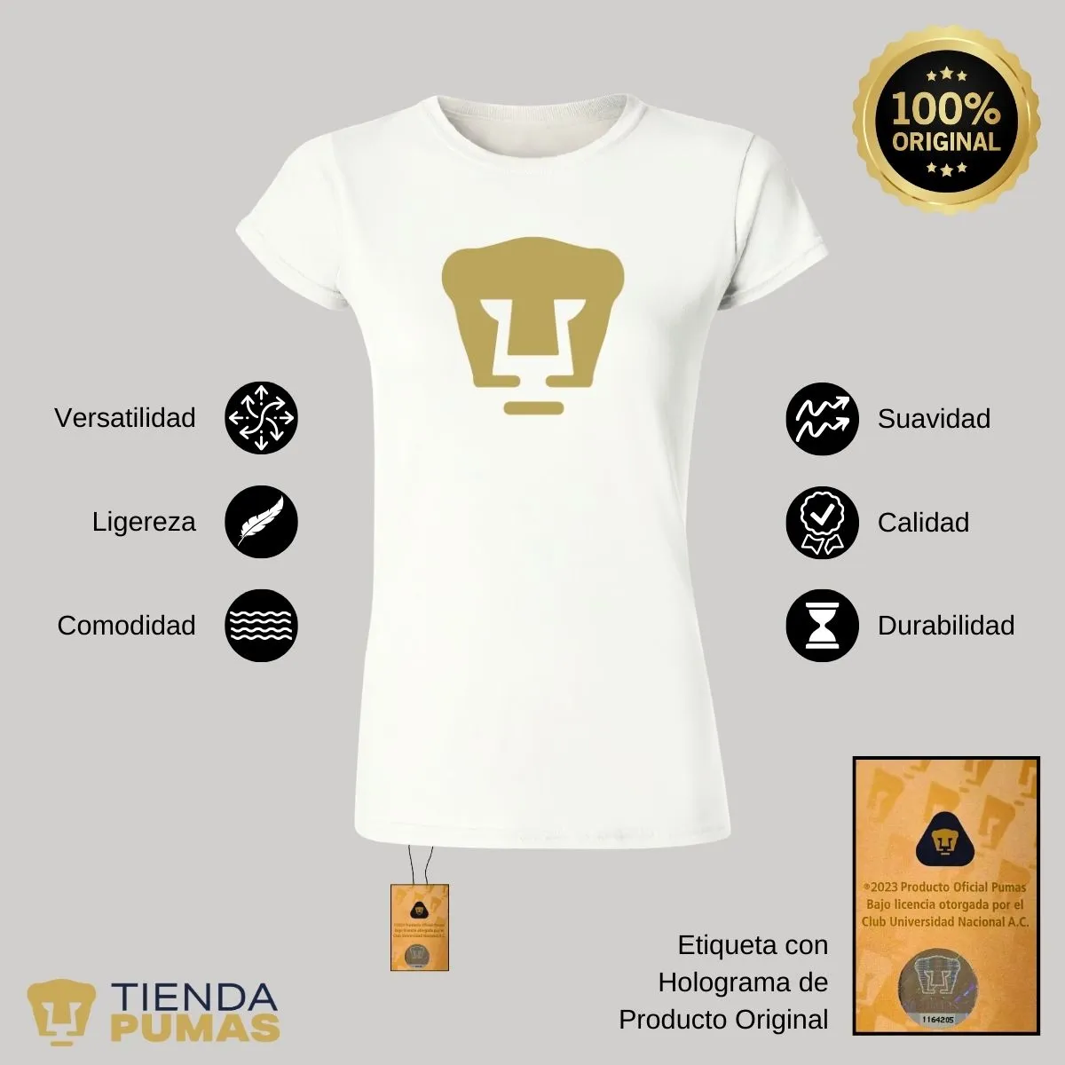 Playera Mujer Pumas UNAM Logo Dorado Vinil