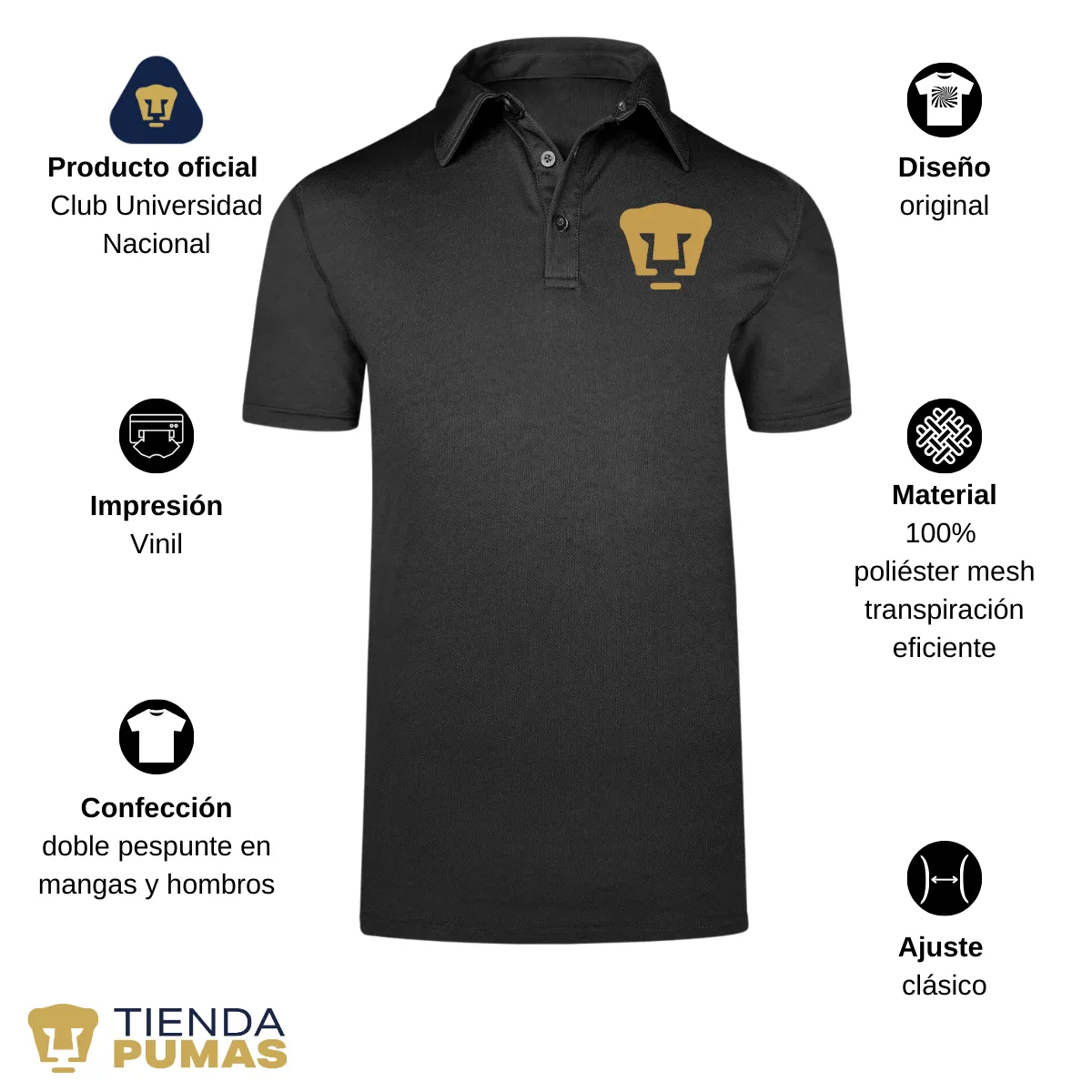 Playera Tipo Polo Hombre Pumas UNAM Logo Dorado