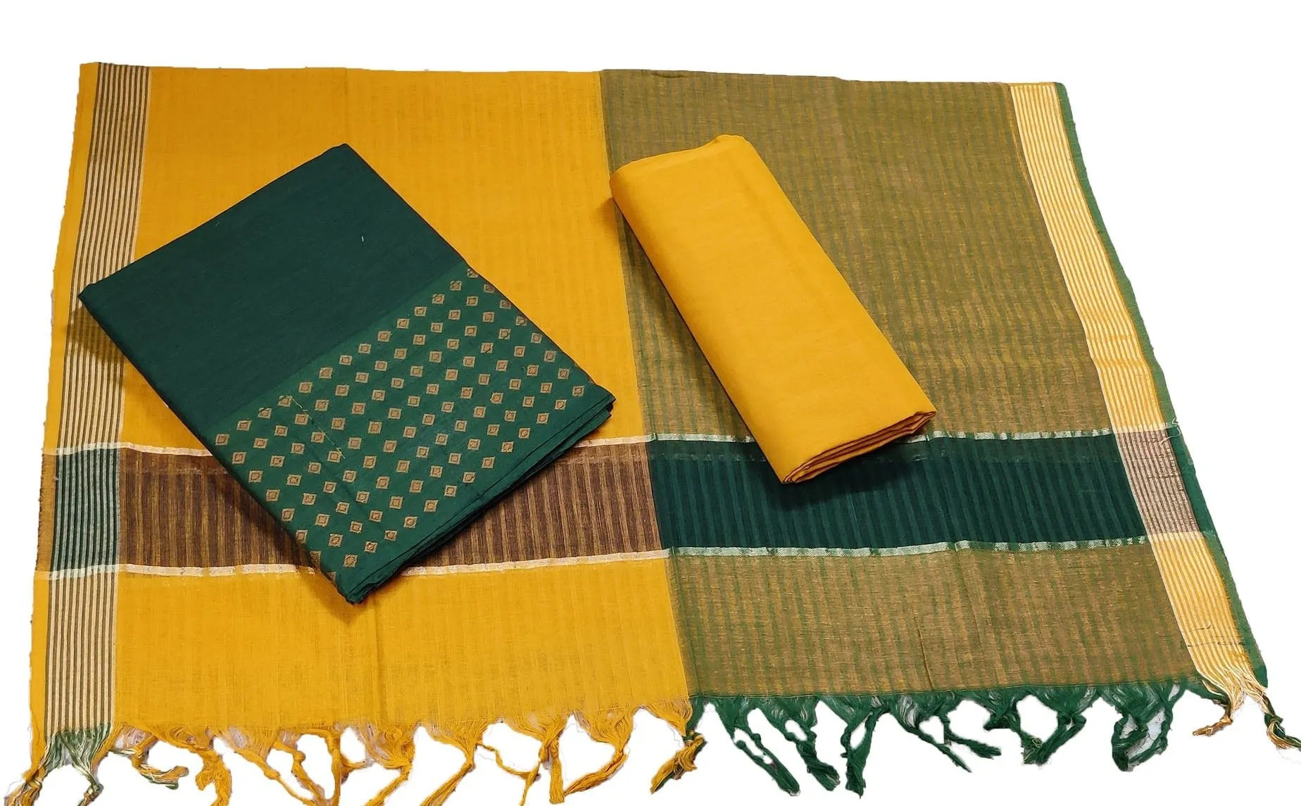 Punekar Cotton 100% Handloom Cotton Green & Yellow Color Women Dress Unstitched Fabric