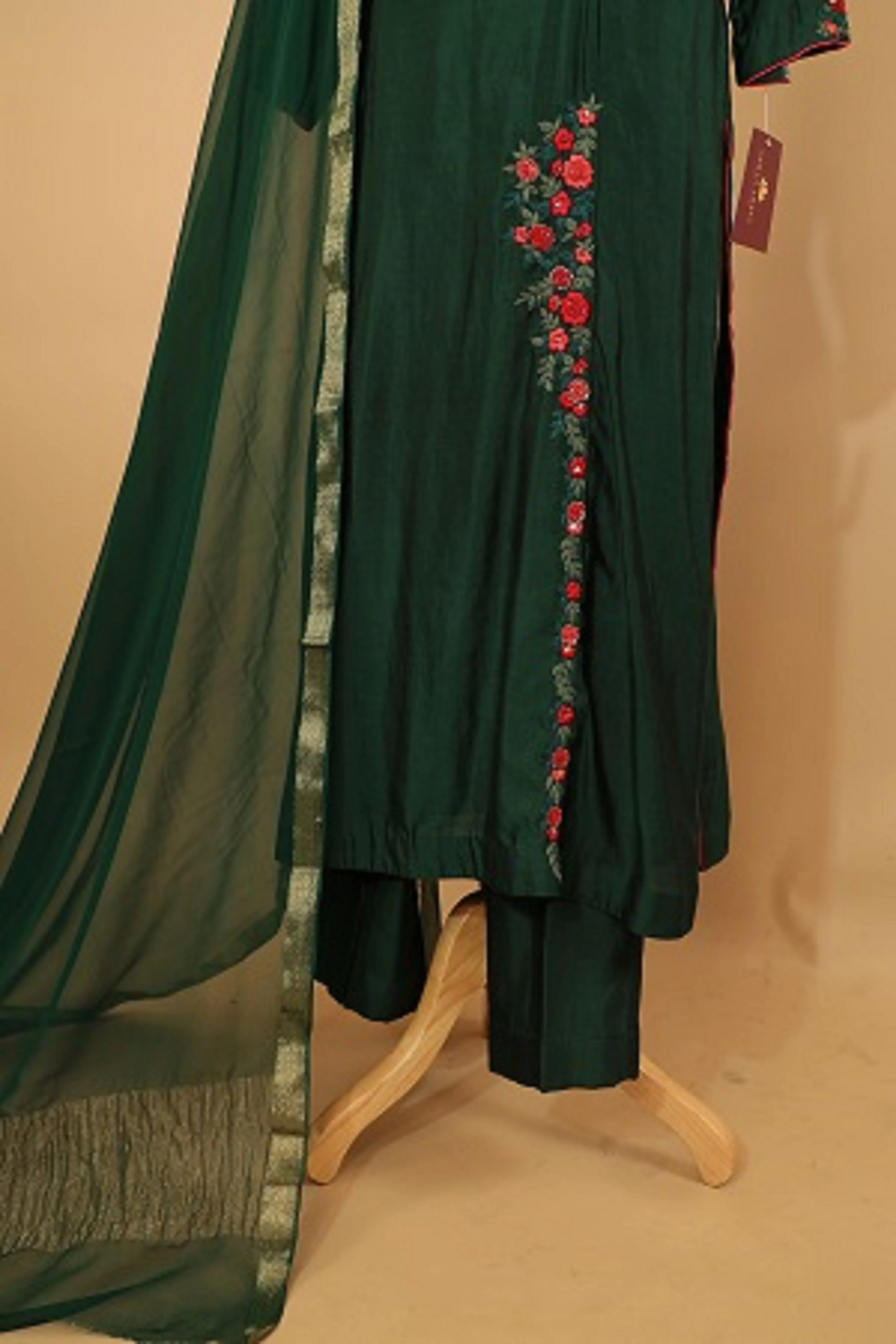 Pure Silk Dark Green Hand Embroidered Suit Dupatta