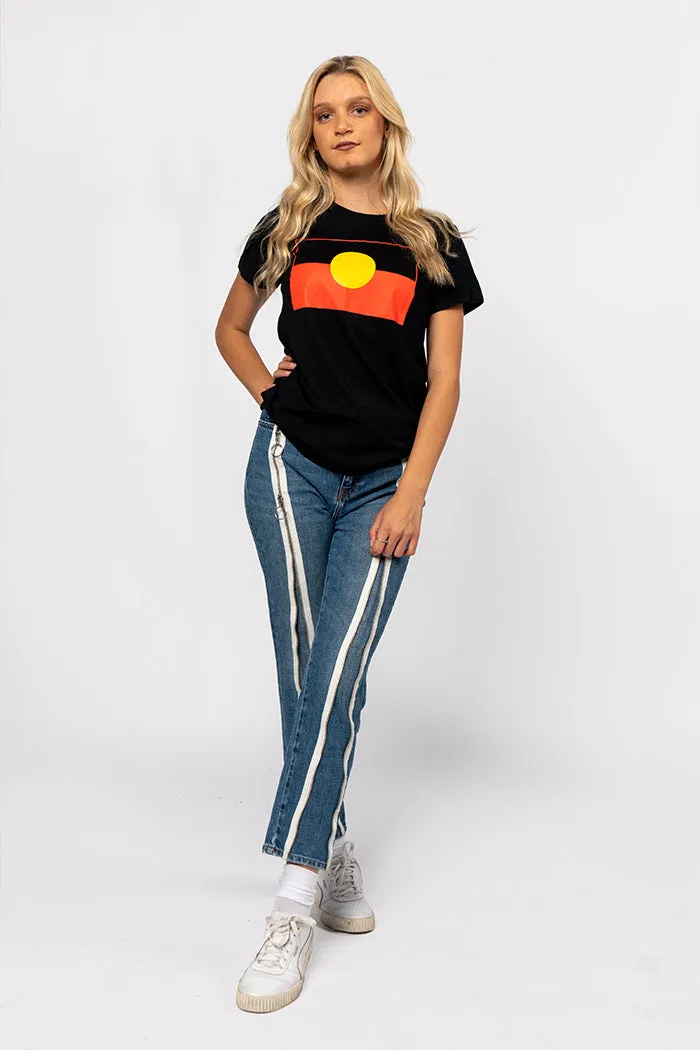 "Raise the Flag" Aboriginal Flag (Large) Black Cotton Crew Neck Womens T-Shirt