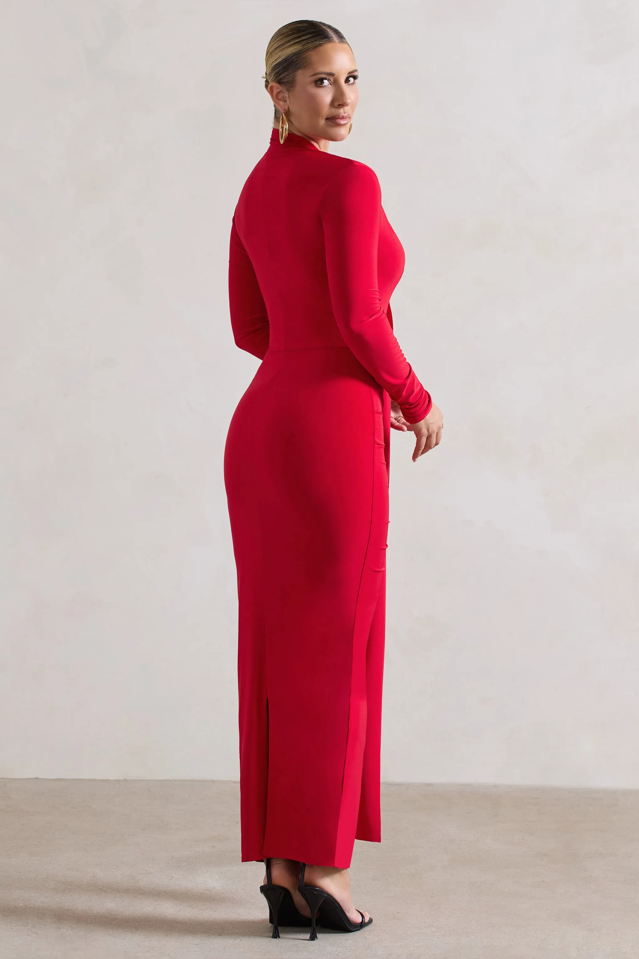 Risha | Red Plunge-Neck Long-Sleeve Drape Maxi Dress