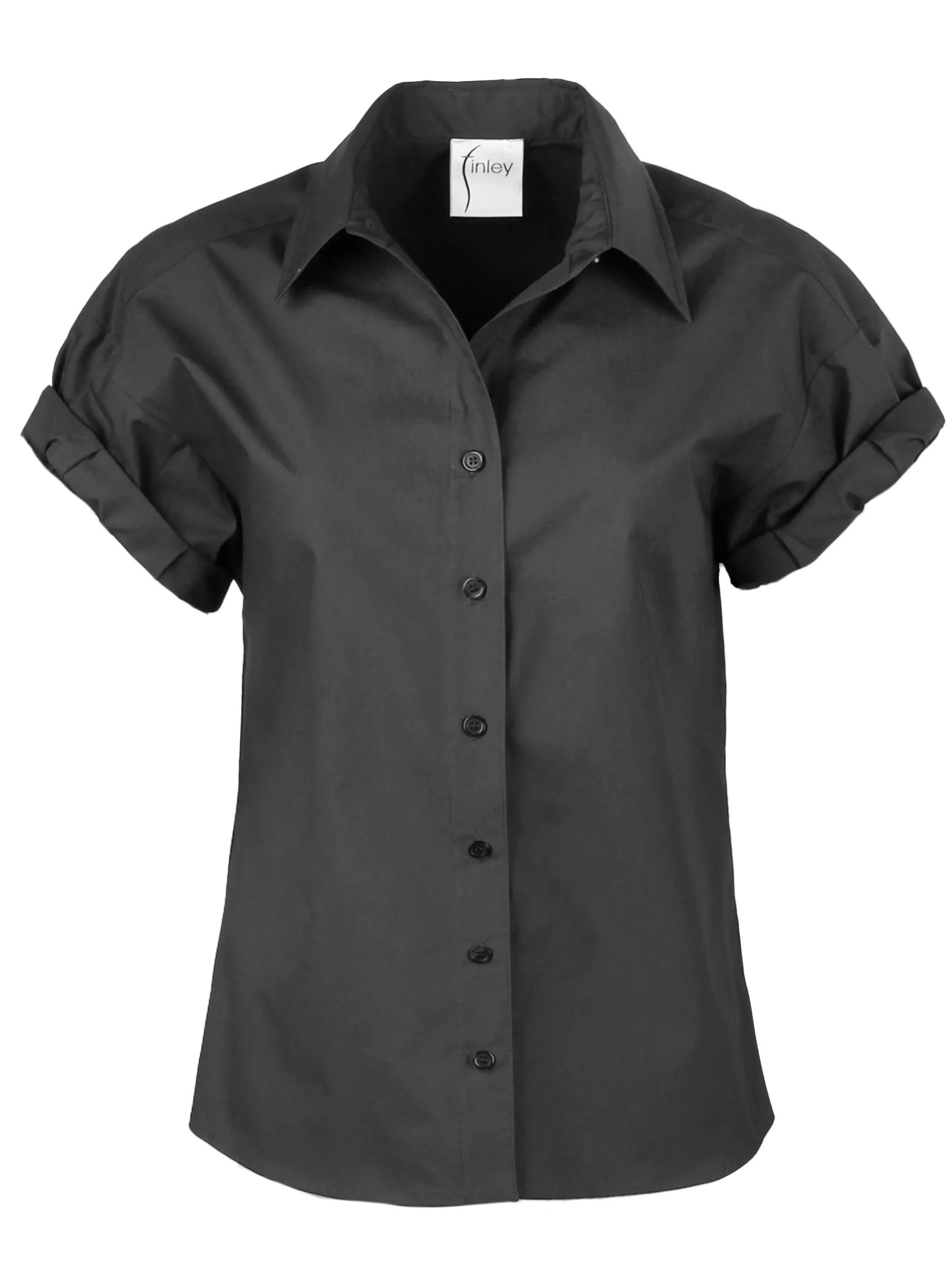 Roll Sleeve Camp Shirt Black Silky Poplin