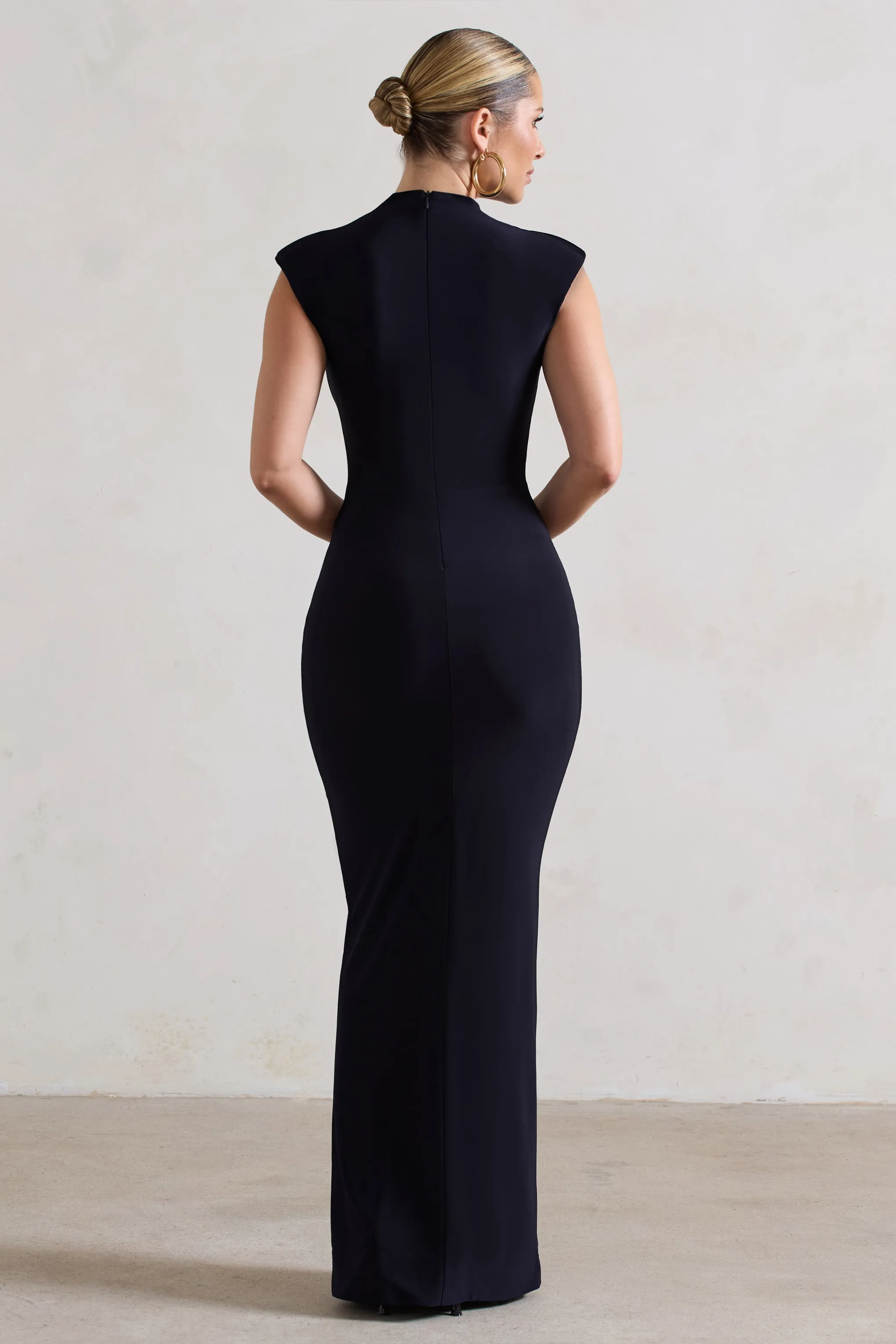 Samira | Navy Ruched High-Neck Split Maxi Dress