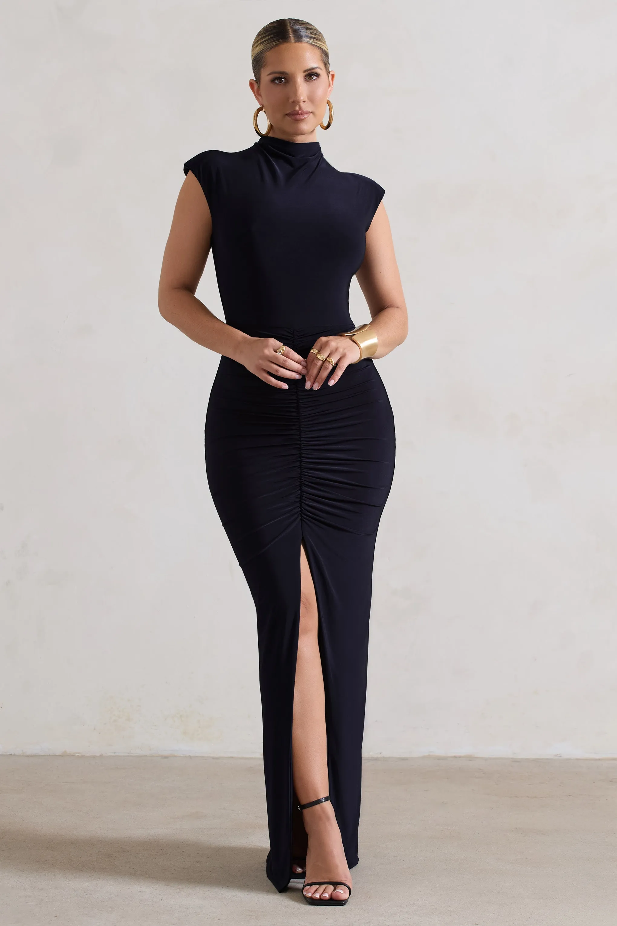 Samira | Navy Ruched High-Neck Split Maxi Dress