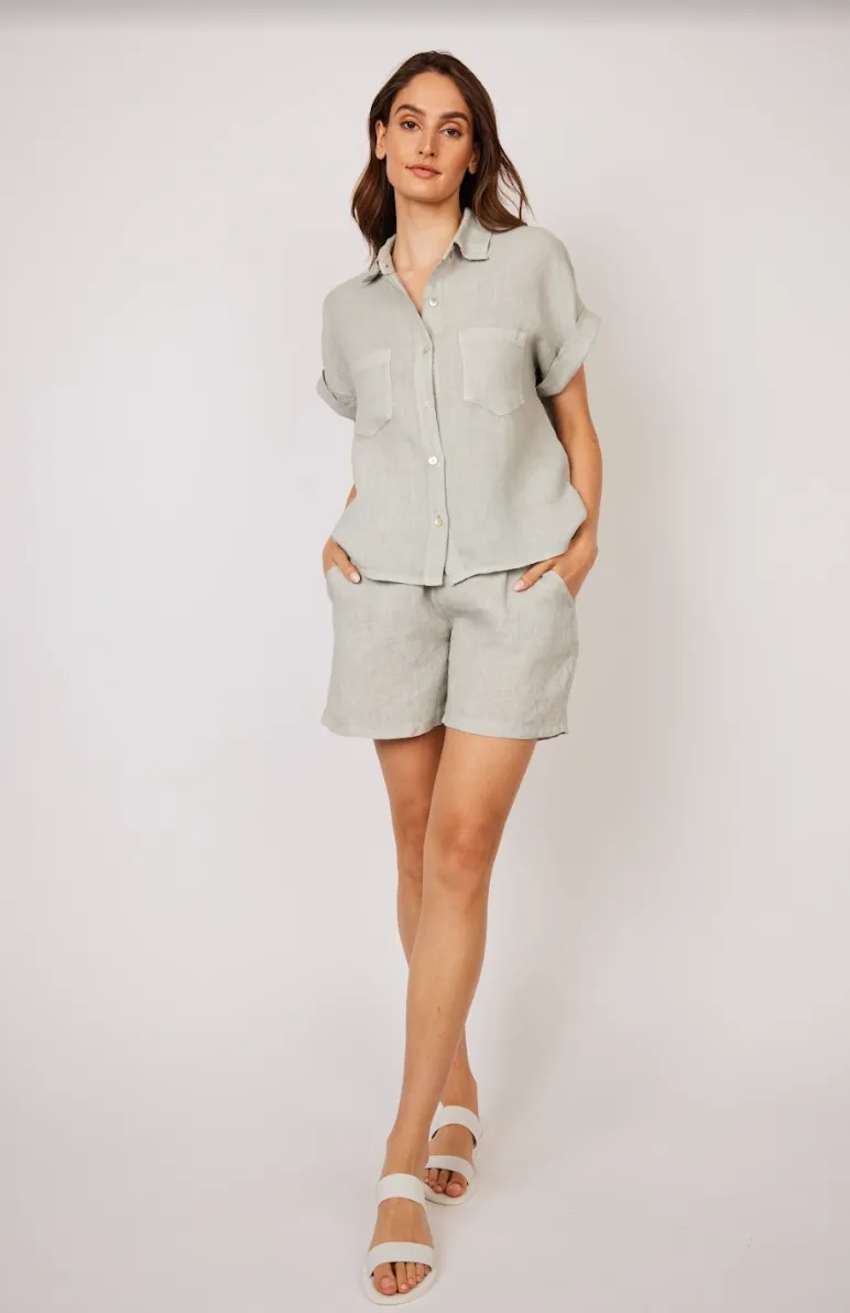 SHORT SLEEVE DOUBLE POCKET LINEN BLOUSE (GREY) - PISTACHE