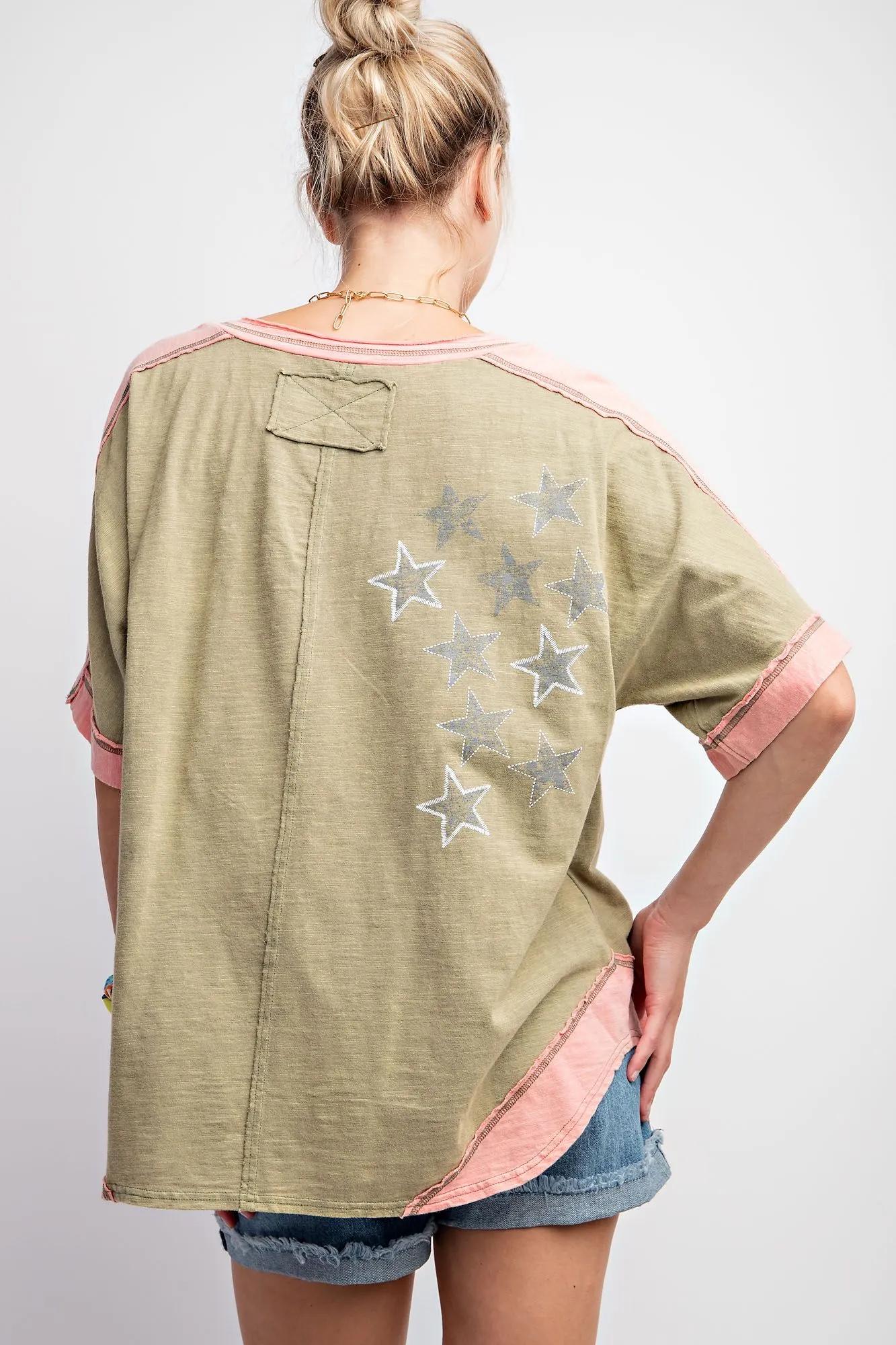 Short Sleeve Star Print Mineral Washed Cotton Slub Top