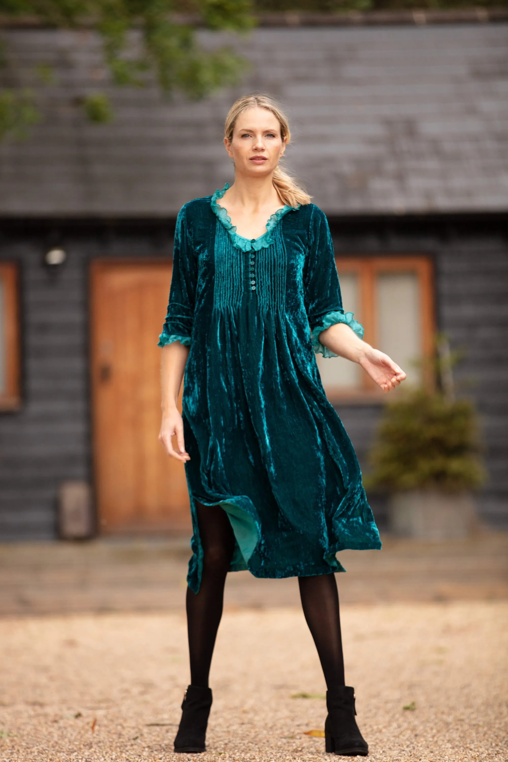 Silk Velvet Karen Dress in Kingfisher Blue