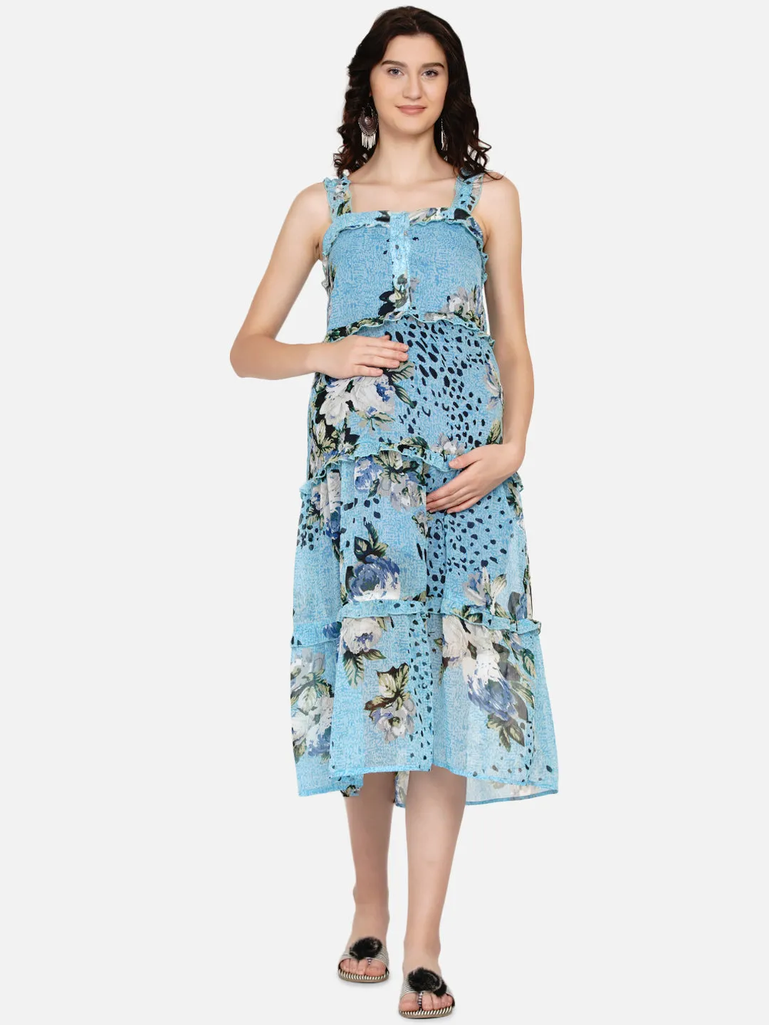 Sky Blue Floral Print Pinafore Maternity and Nursing Midi Dress