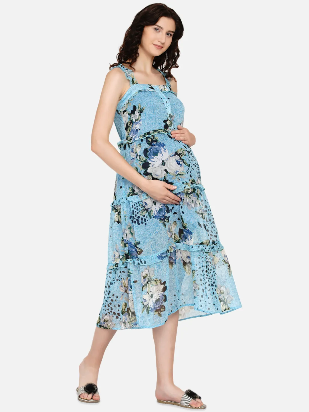 Sky Blue Floral Print Pinafore Maternity and Nursing Midi Dress