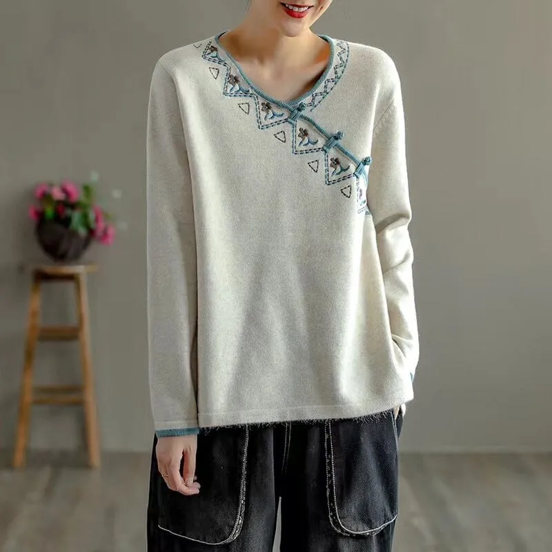 Spring Retro Soft V-Neck Irregular Collar Sweater