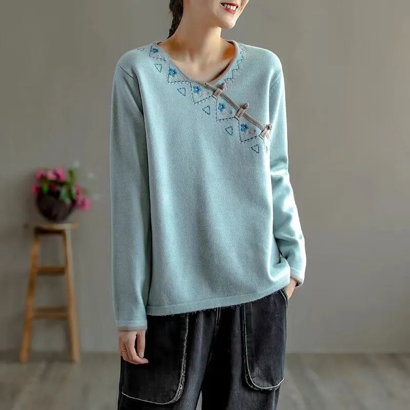 Spring Retro Soft V-Neck Irregular Collar Sweater