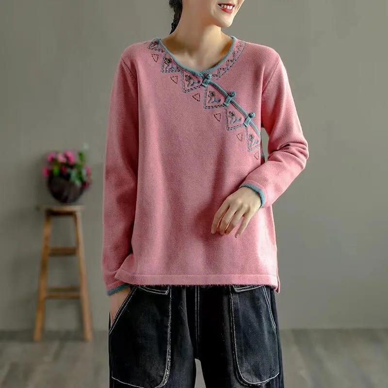 Spring Retro Soft V-Neck Irregular Collar Sweater