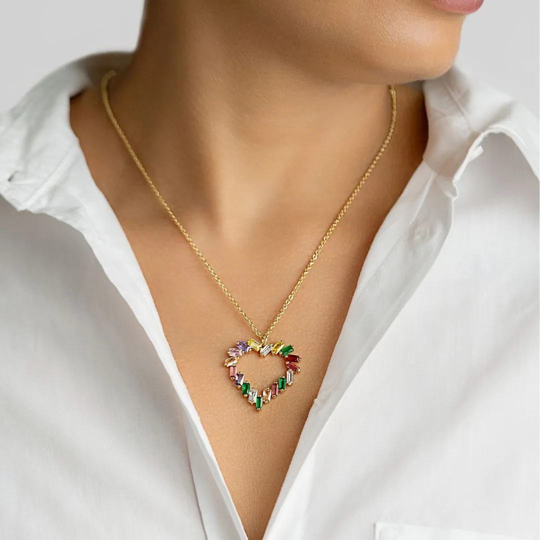 Tarnish Resistant 14K Gold Plated Crystal Rainbow Baguette Heart Pendant Necklace