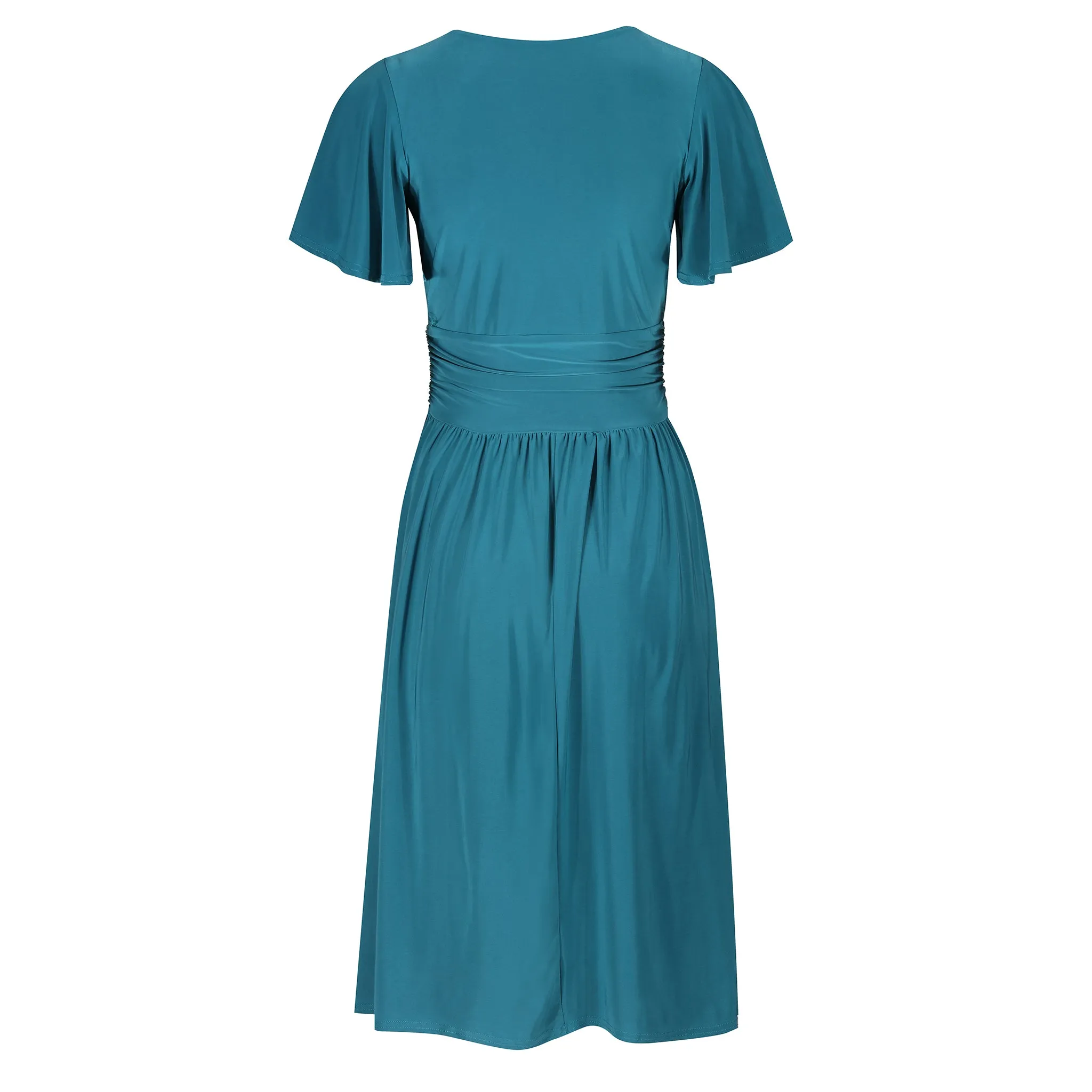 Teal Wrap Top & Pleated Skirt Swing Dress With Butterfly Sleeves