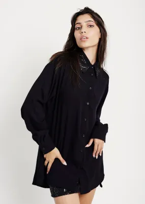 The Embellished Collar Woven Top in Black