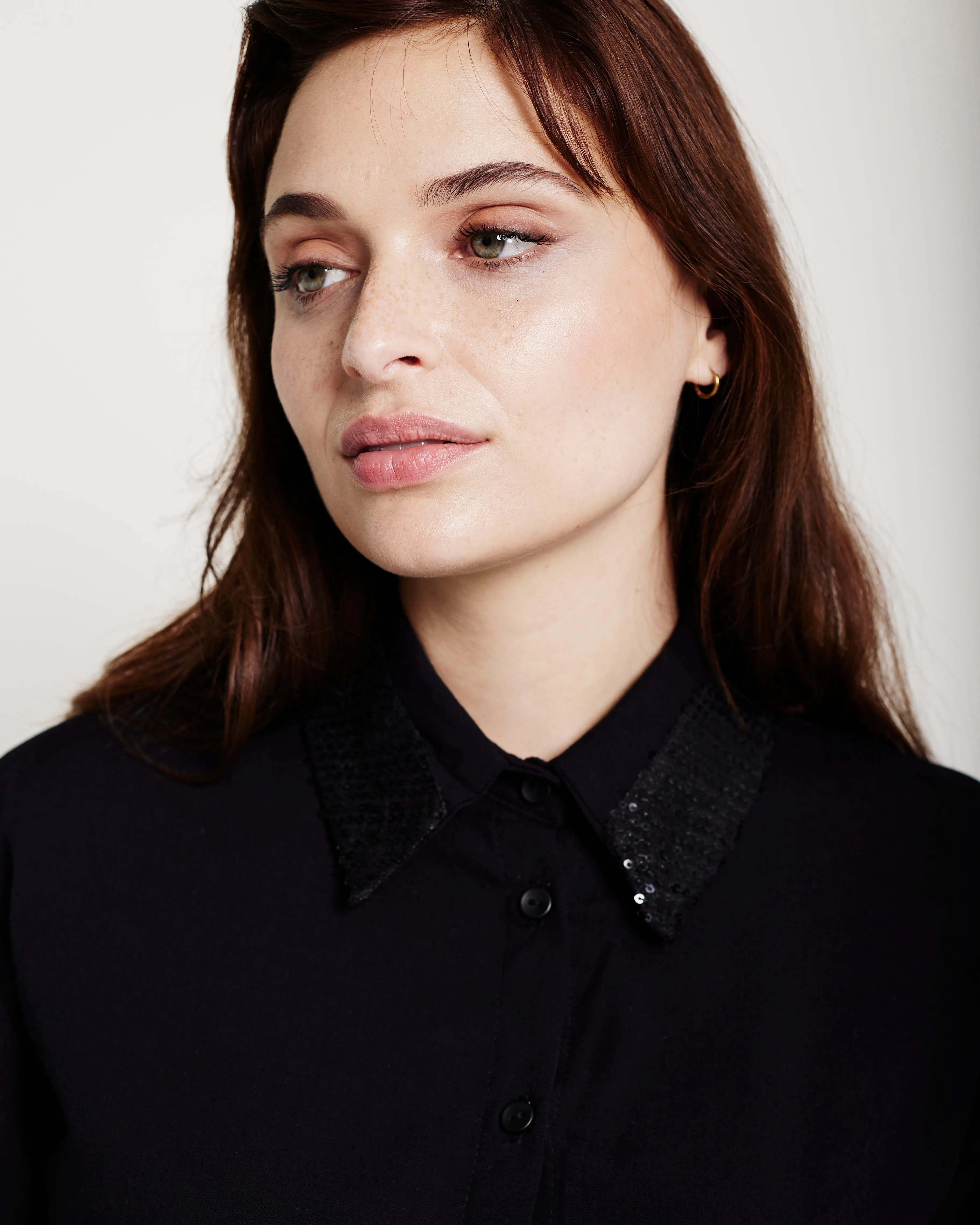 The Embellished Collar Woven Top in Black