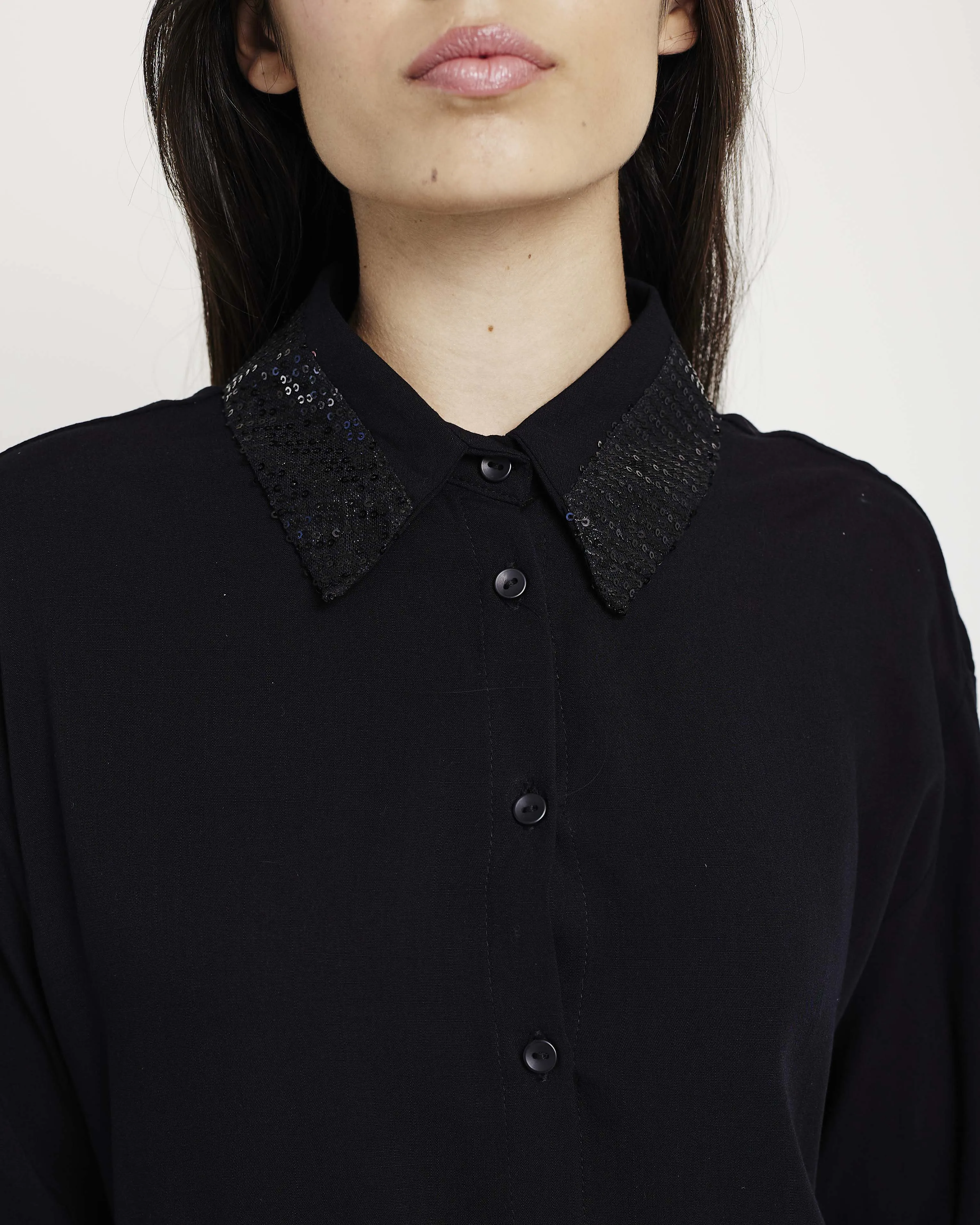 The Embellished Collar Woven Top in Black