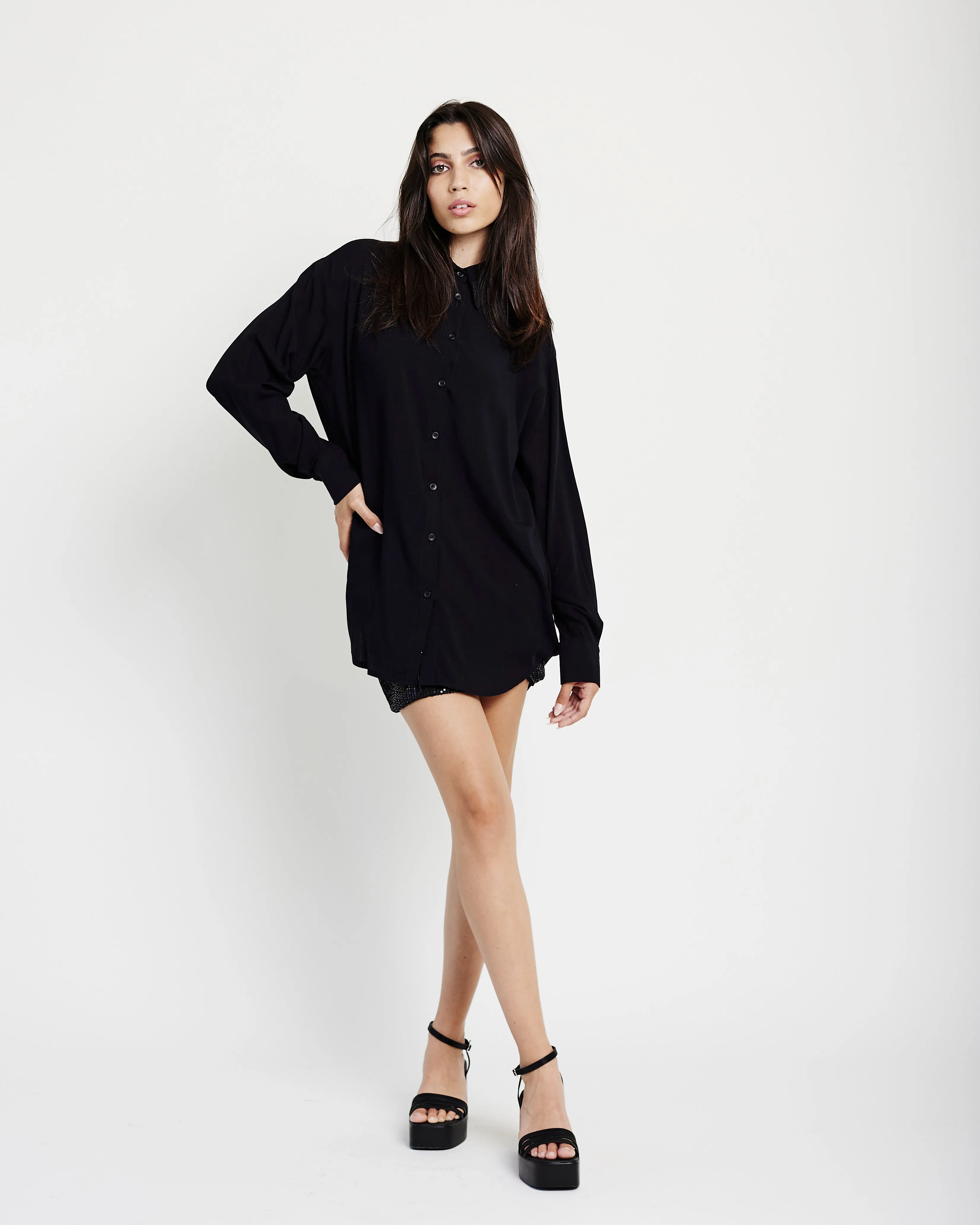 The Embellished Collar Woven Top in Black