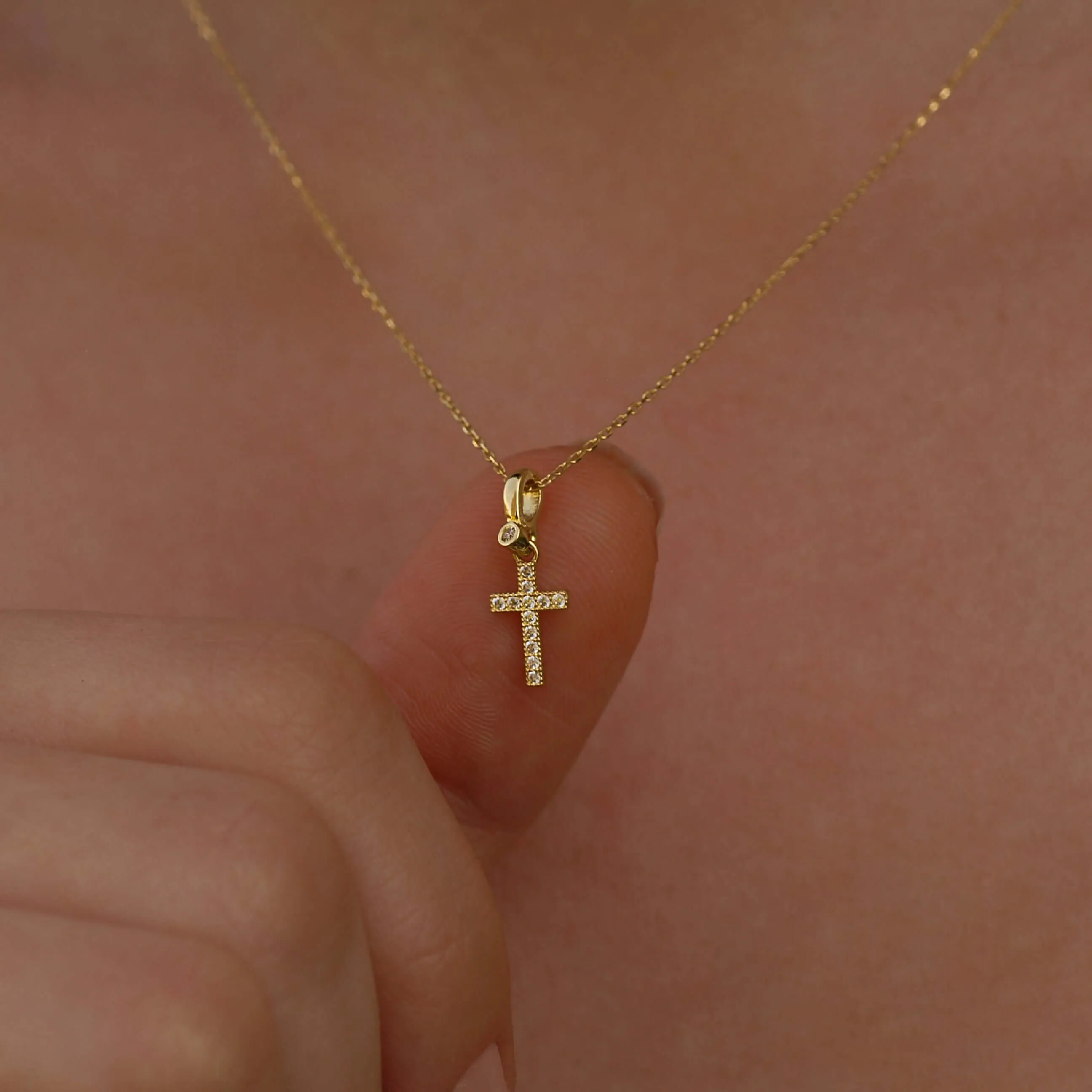 Tiny Cross Necklace | 14K Solid Gold