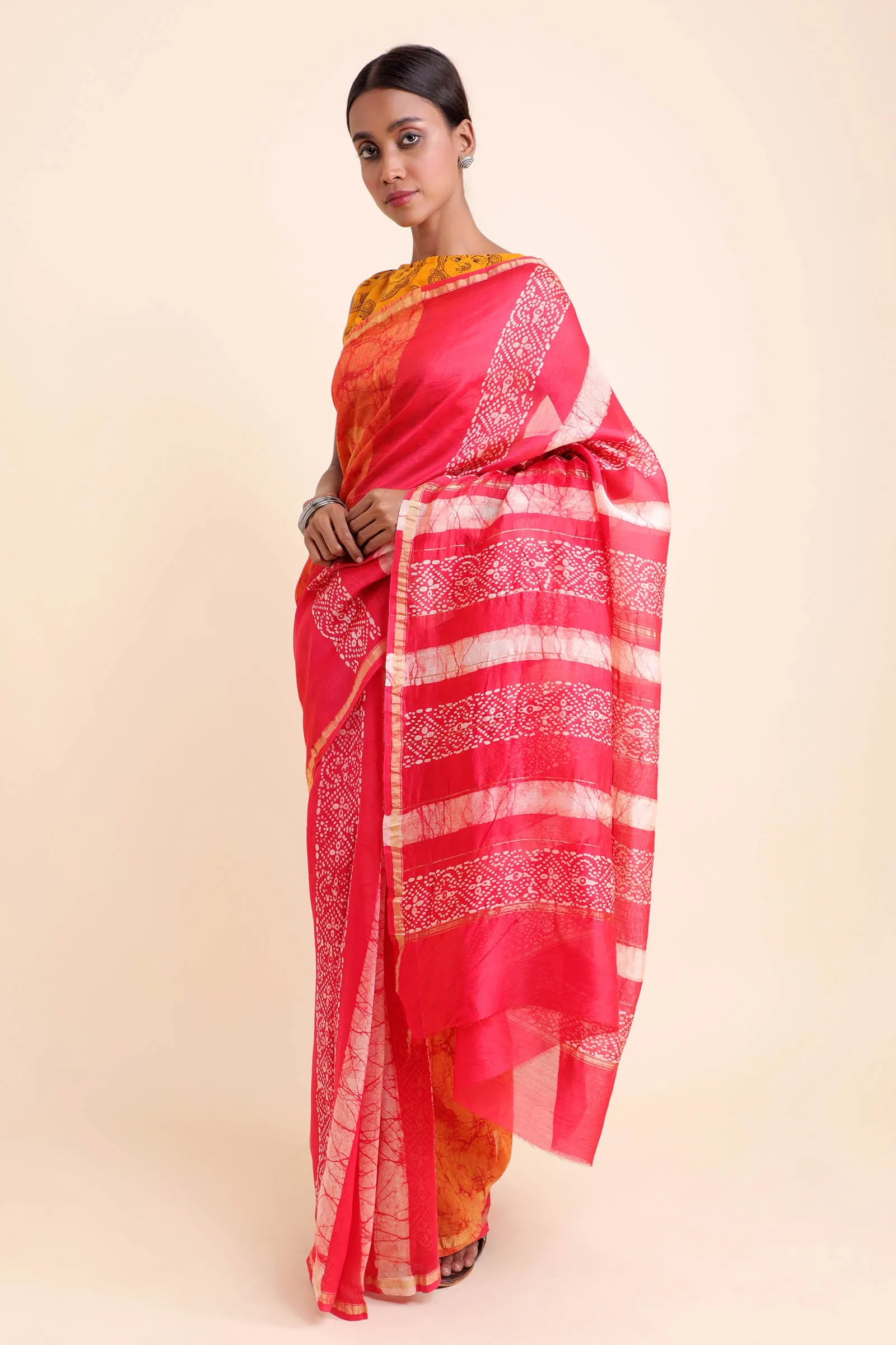 Turmeric Beauty Chanderi Cotton Silk Saree with Handblock and Batik