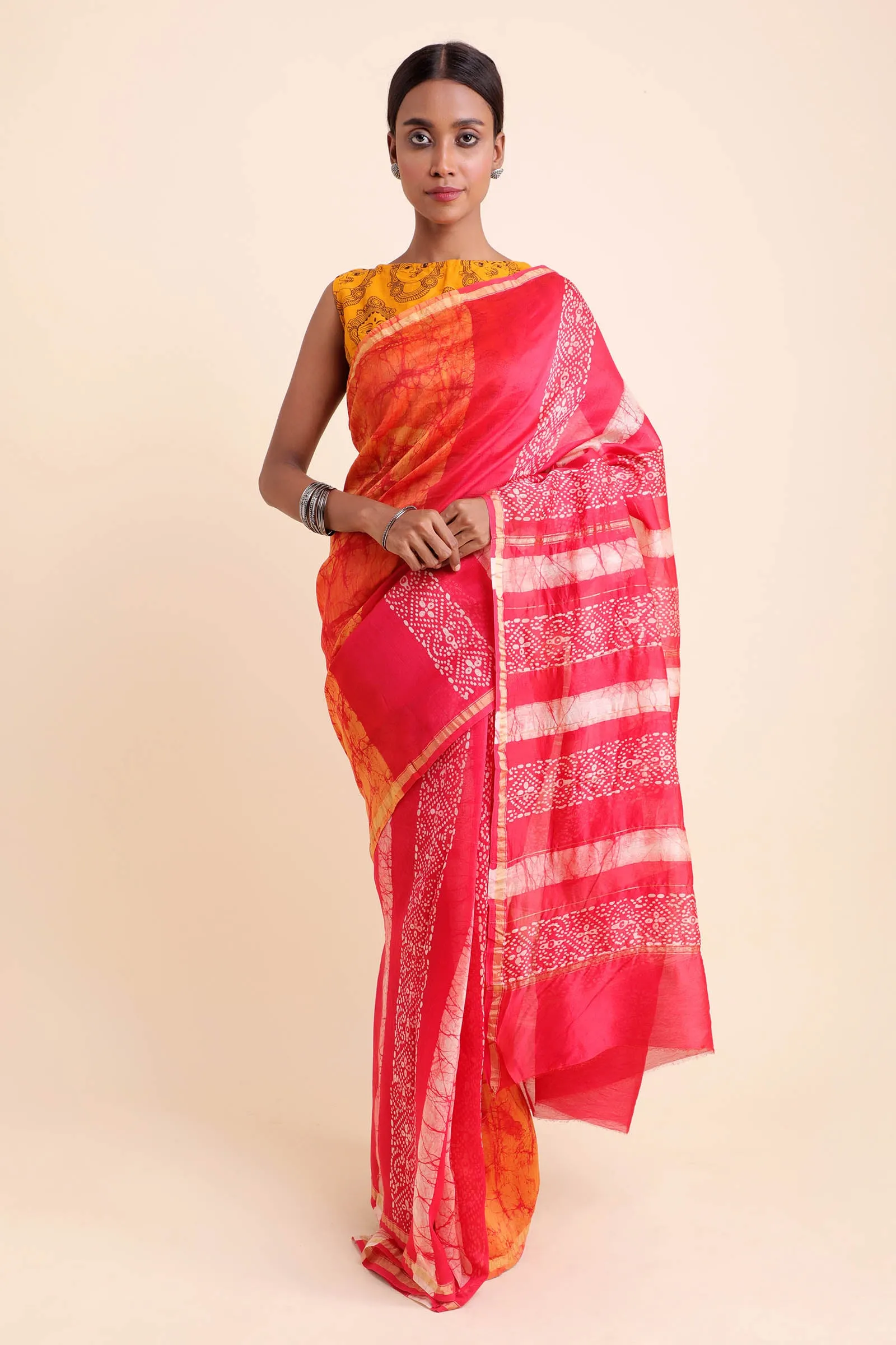 Turmeric Beauty Chanderi Cotton Silk Saree with Handblock and Batik