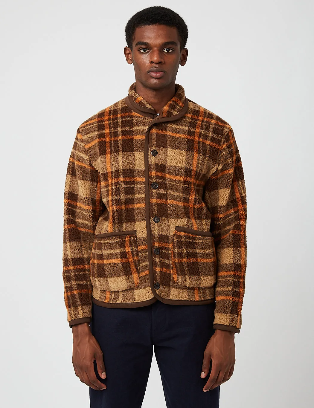 Universal Works Lancaster Jacket (Check Sherpa Fleece) - Brown