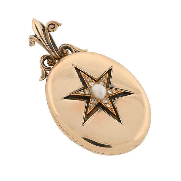 Victorian 15kt Diamond & Pearl Starburst Locket