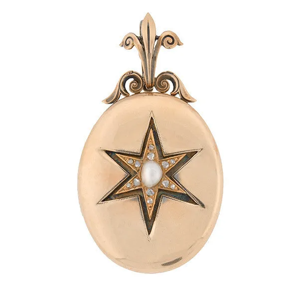 Victorian 15kt Diamond & Pearl Starburst Locket