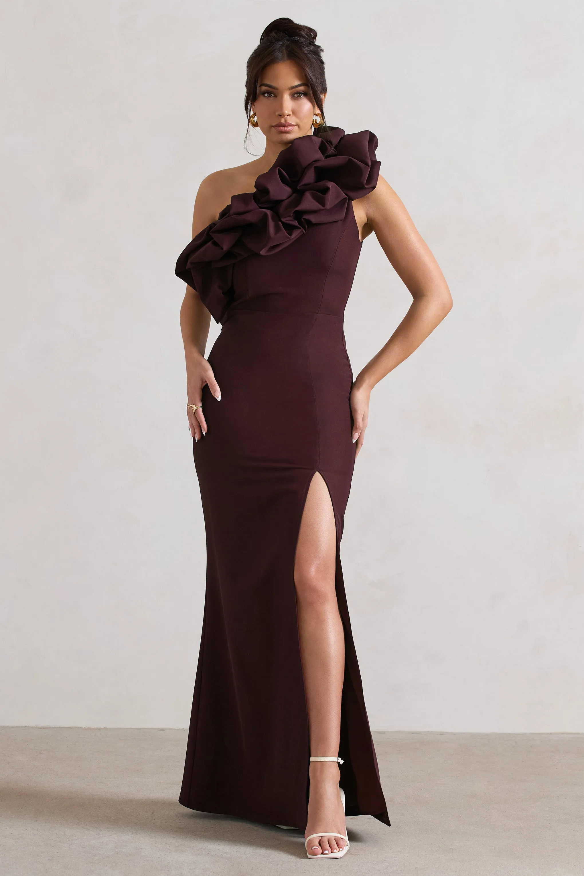 Vienne | Dark Plum One Shoulder Ruffle Split Maxi Dress