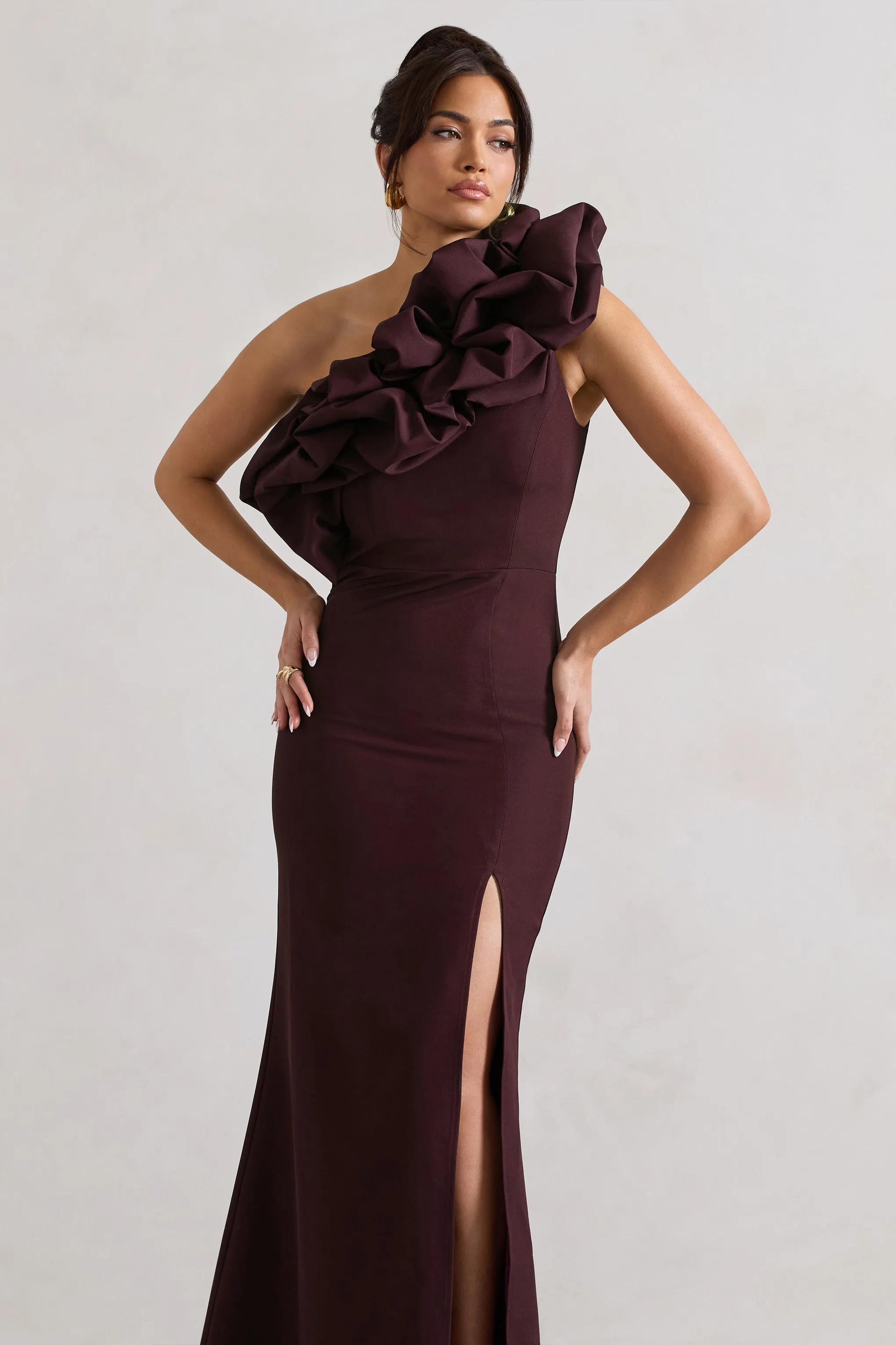 Vienne | Dark Plum One Shoulder Ruffle Split Maxi Dress