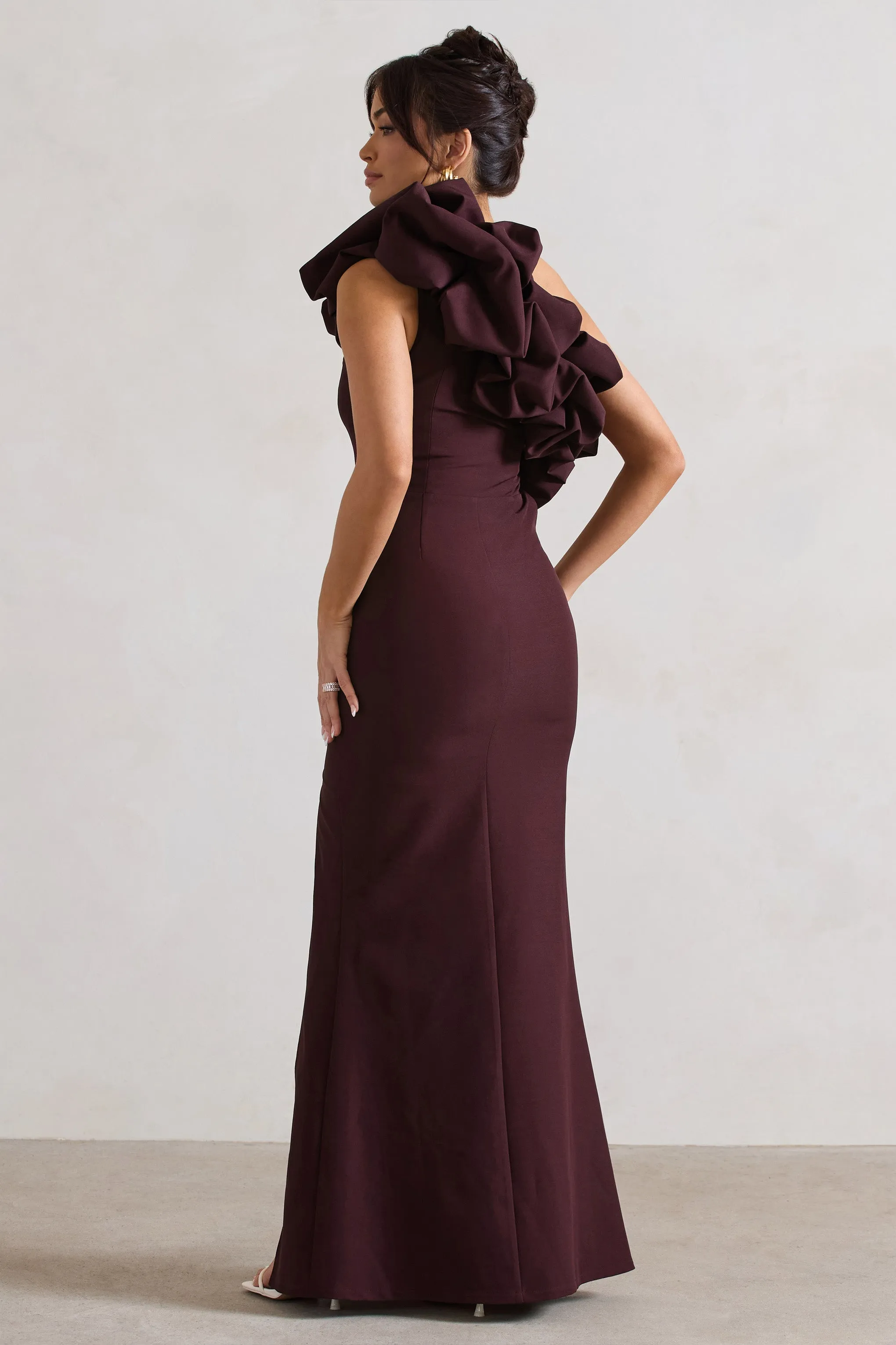 Vienne | Dark Plum One Shoulder Ruffle Split Maxi Dress