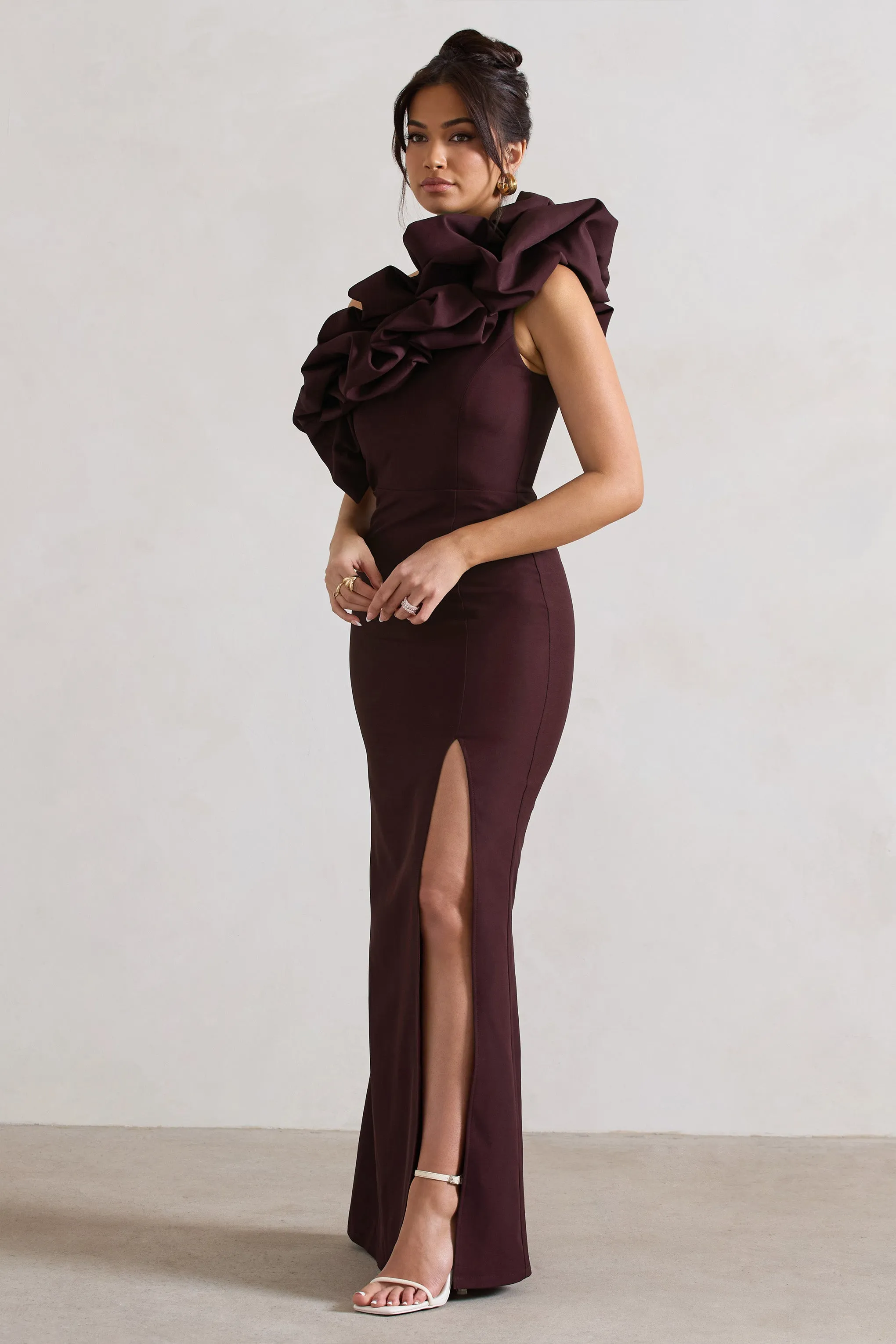 Vienne | Dark Plum One Shoulder Ruffle Split Maxi Dress